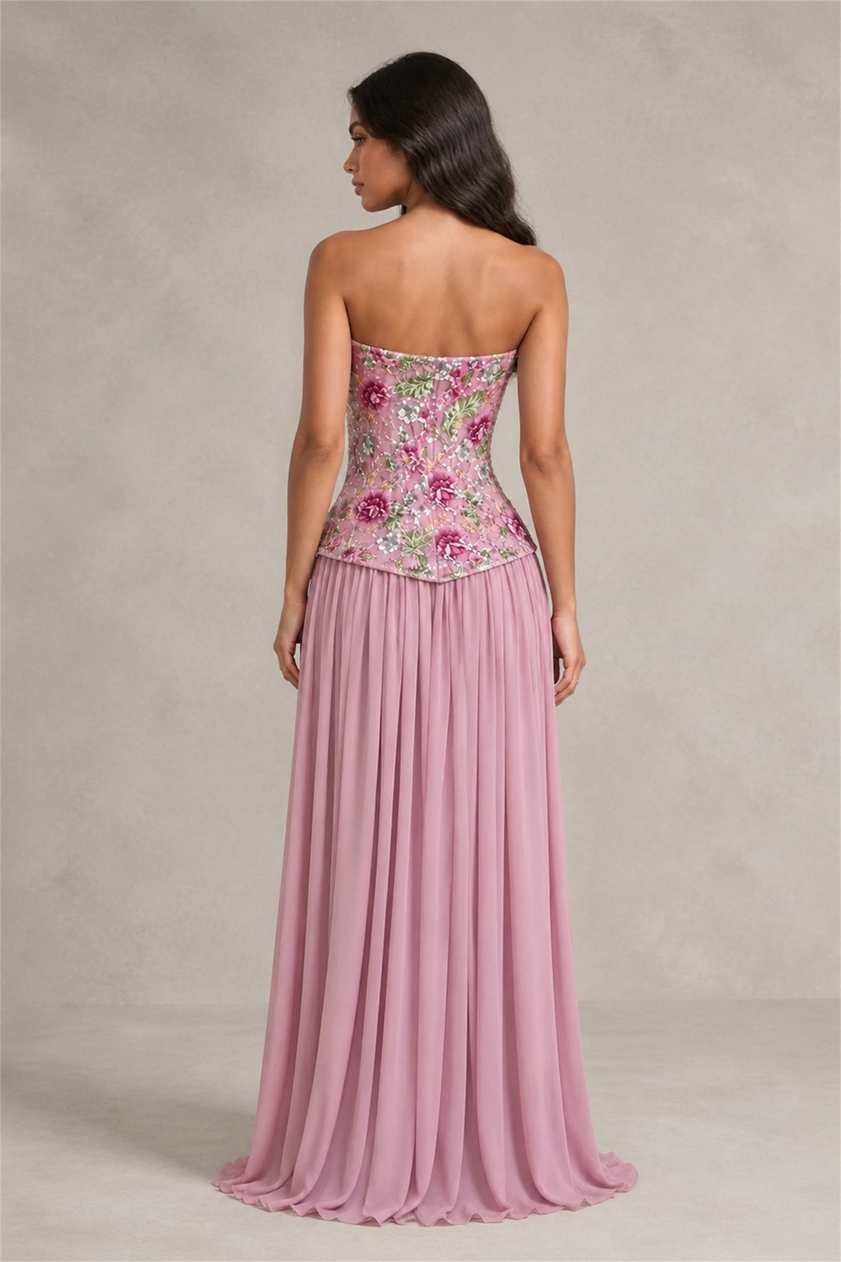 BOLODOO pink strapless floral beaded maxi dress full length front view