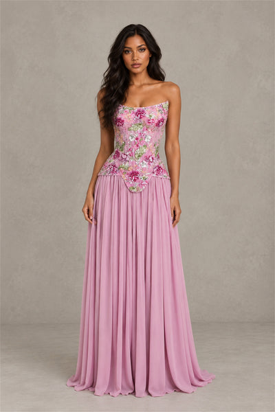 Front view of pink strapless evening gown with floral embellished bodice and pleated skirt