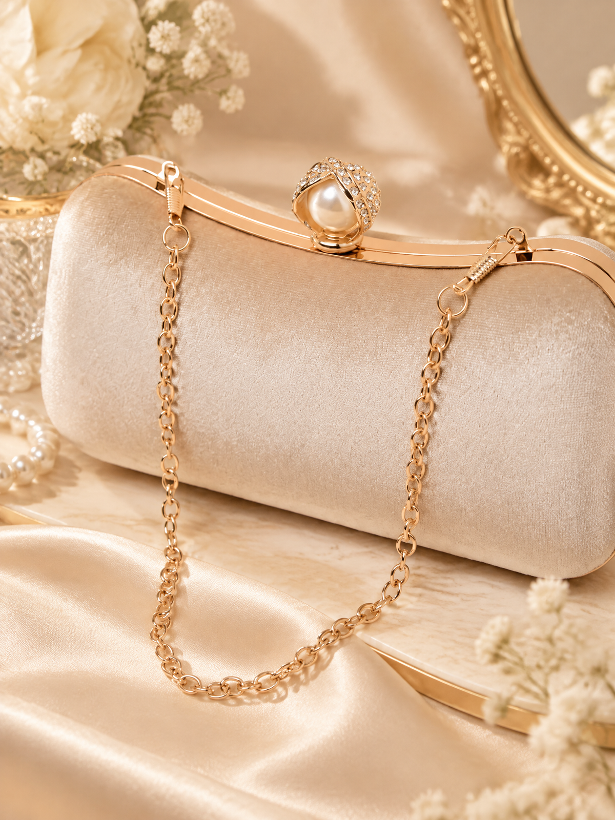 BOLODOO XCD063 ivory clutch with detachable gold-tone chain and decorative pearl-look clasp