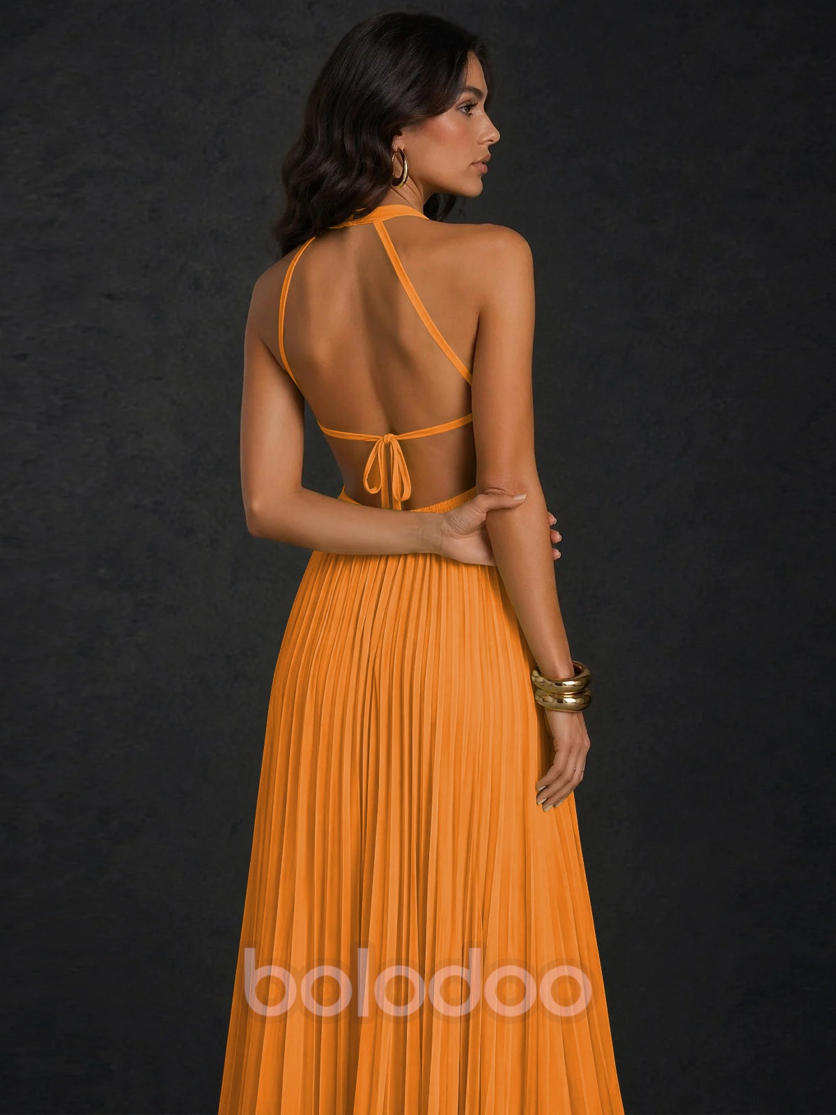 BOLODOO Chartreuse Halter Neck Pleated Chiffon Maxi Dress with Side Slit | BOLODOO watermark