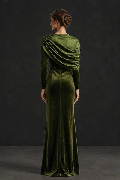 BOLODOO XX075 olive green velvet-look mother-of-the-bride dress, front view with long sleeves and high slit