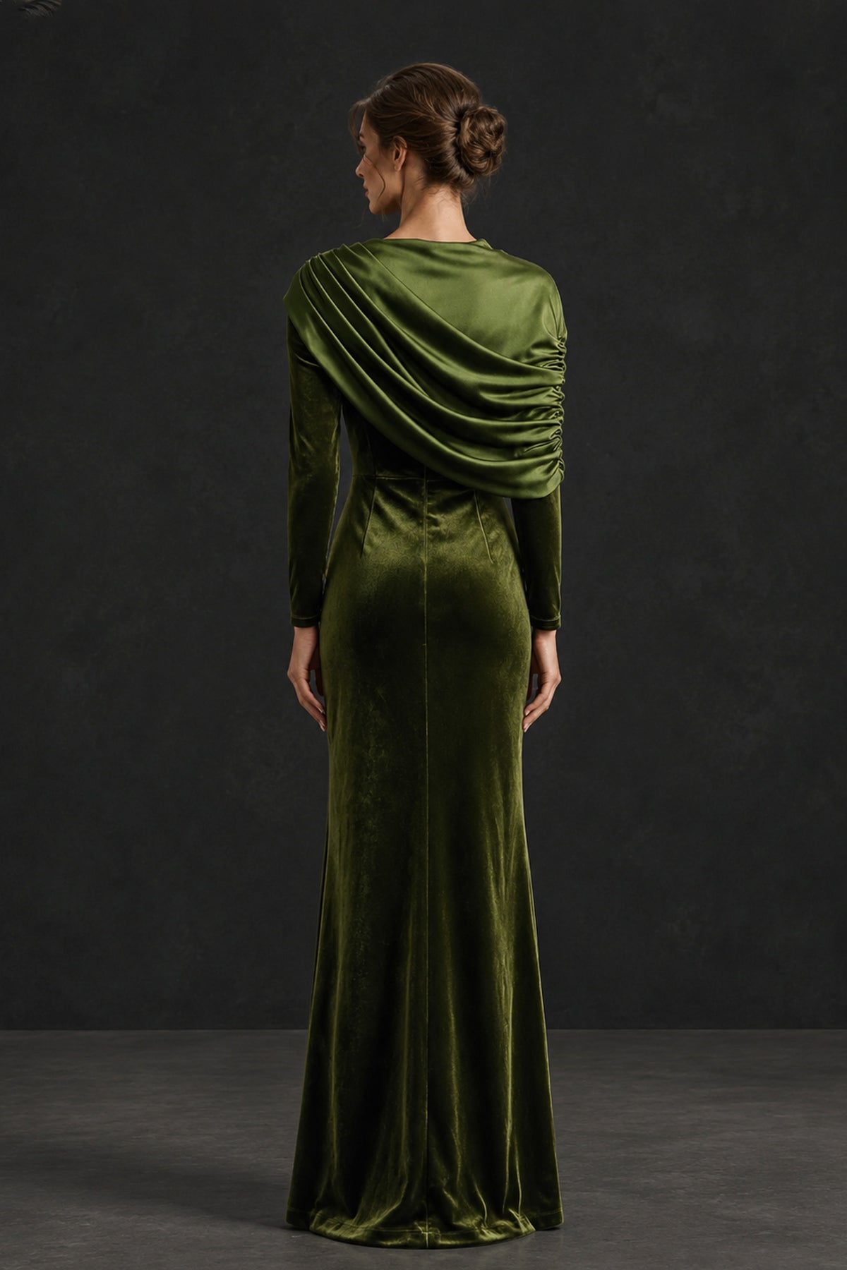 BOLODOO XX075 olive green velvet-look mother-of-the-bride dress, front view with long sleeves and high slit