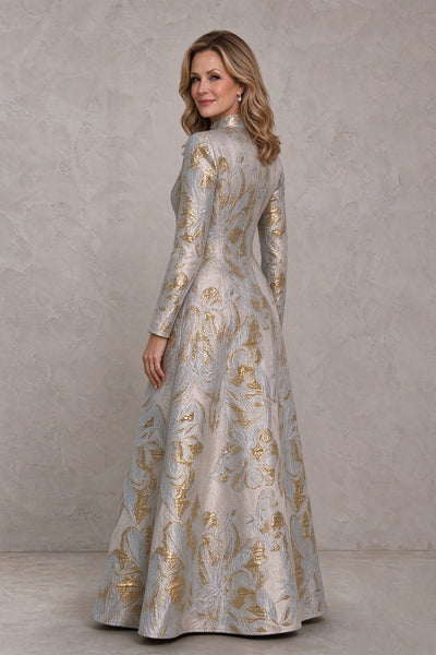 BOLODOO Light Blue Floral Jacquard Long Sleeve Evening Gown 