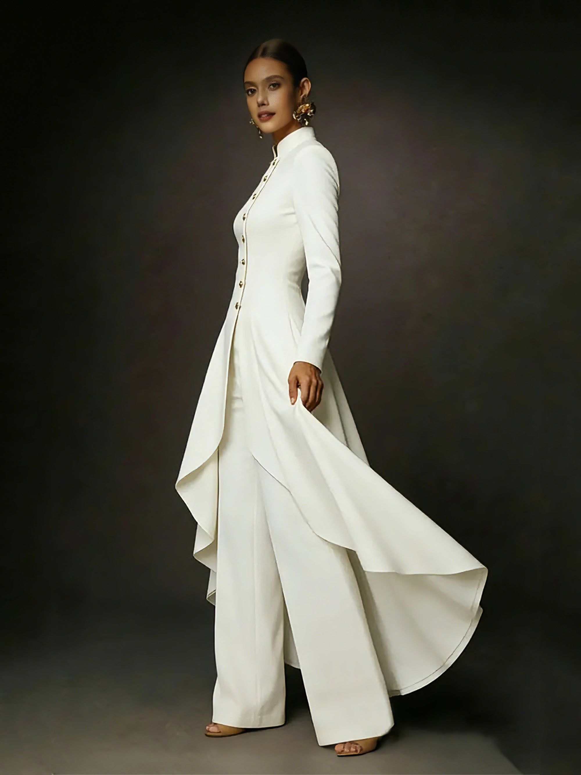 BOLODOO White Mandarin Collar Gold Button Asymmetric Hi-Lo Coat Wide-Leg Pants Suit - Side Full Length View Showing Hi-Lo Hem