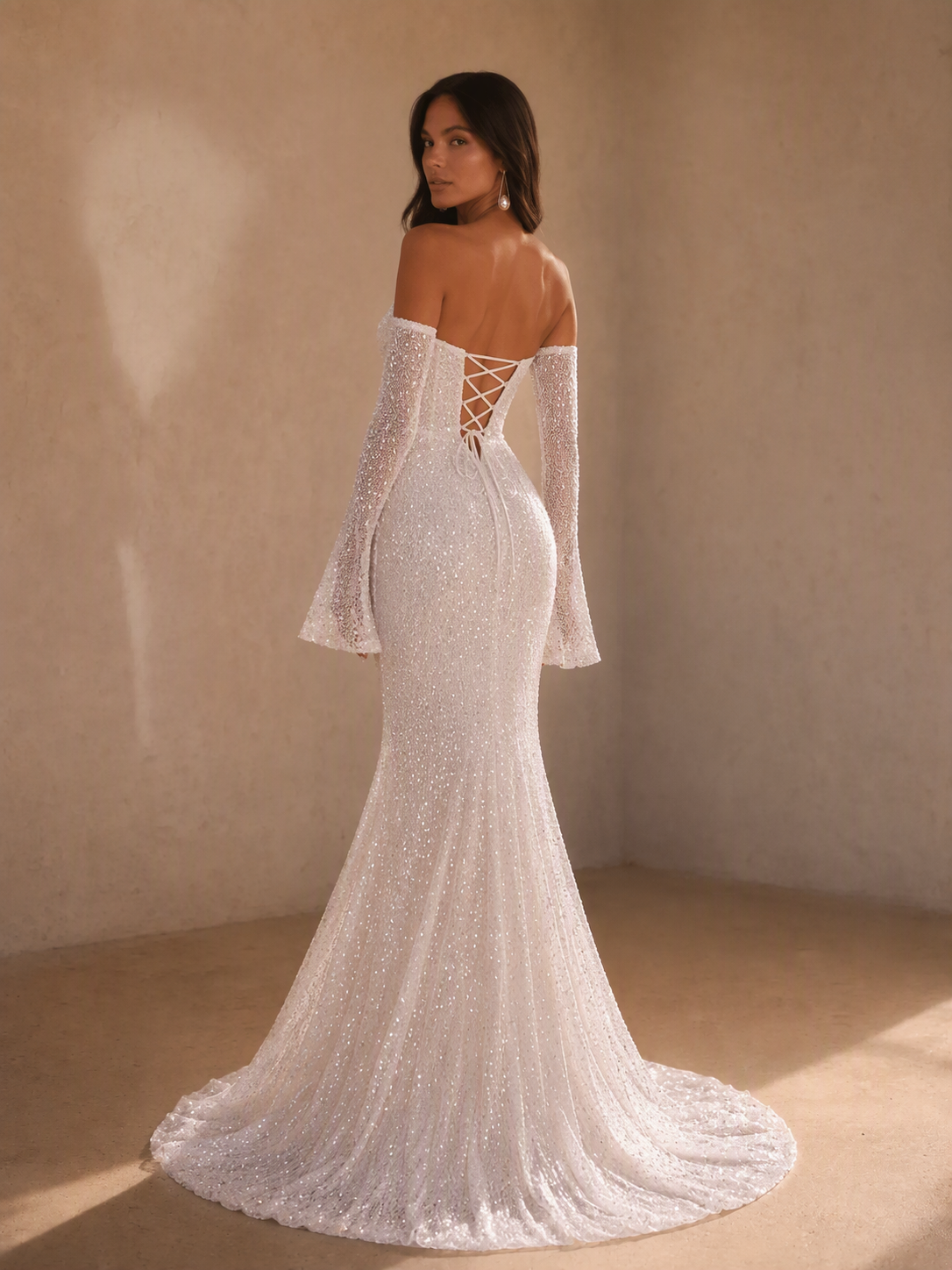 BOLODOO White Strapless Sweetheart Sequin Beaded Corset Mermaid Wedding Gown 