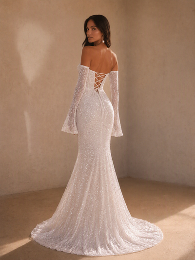 BOLODOO White Strapless Sweetheart Sequin Beaded Corset Mermaid Wedding Gown 