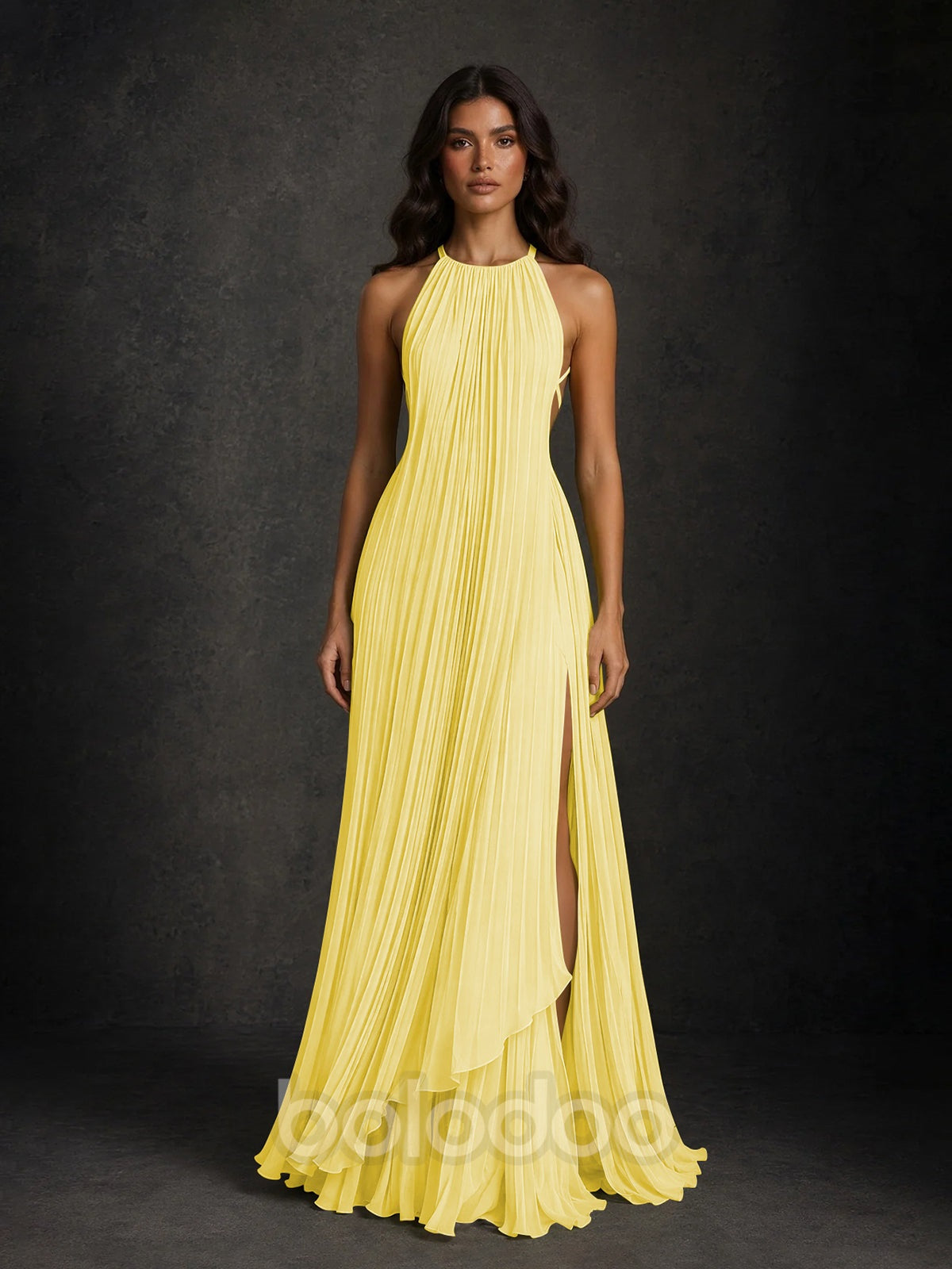 BOLODOO Chartreuse Halter Neck Pleated Chiffon Maxi Dress with Side Slit Yellow | BOLODOO watermark