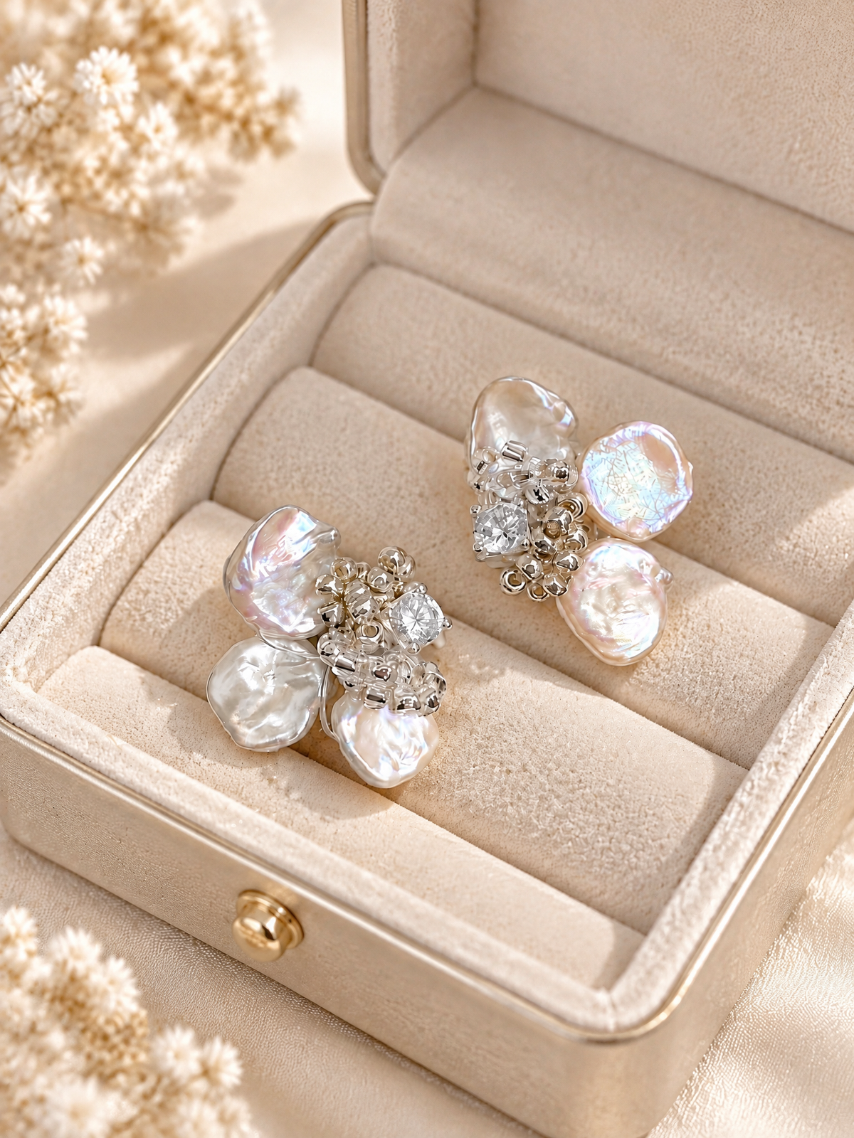 BOLODOO ivory-white iridescent pearl-look floral cluster earrings displayed as a pair