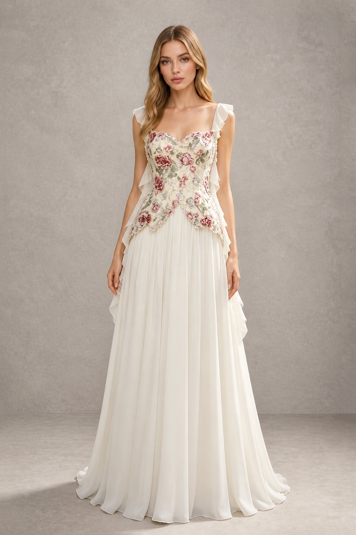 BOLODOO White Floral Embroidered Chiffon Gown with Ruffle Cap Sleeves - Front View Hero