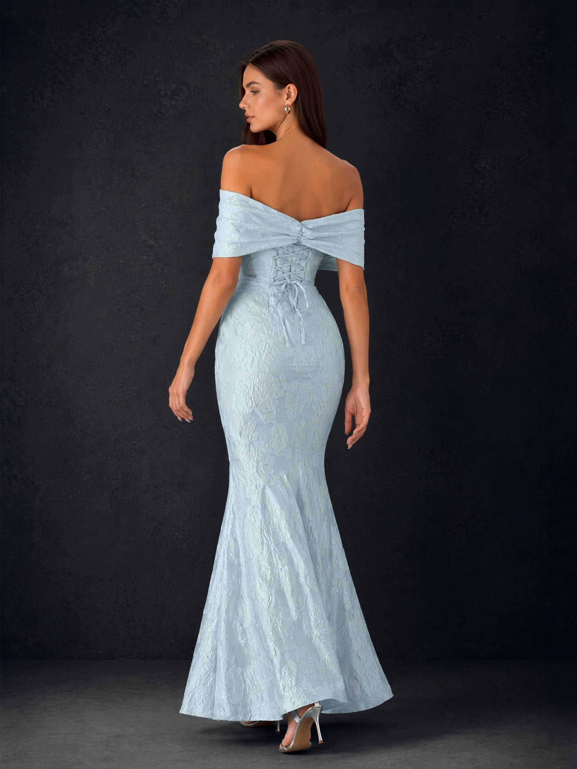 BOLODOO Ice Blue Floral Jacquard Twist Knot Off Shoulder Mermaid Maxi Dress - Front Full Length View
