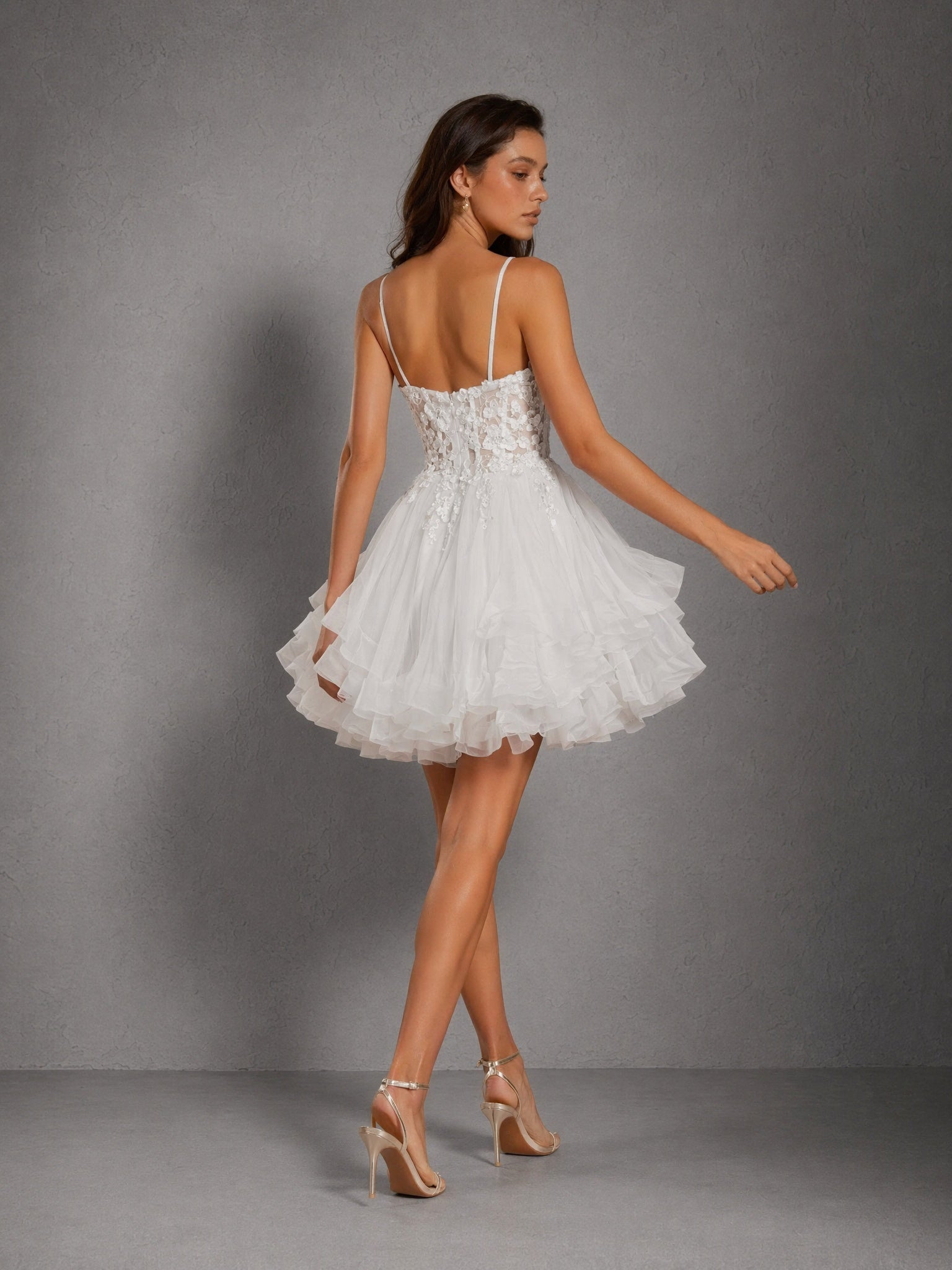 BOLODOO Ivory 3D Floral Lace Corset Deep V Spaghetti Strap Tiered Tulle Mini Dress - Back View showing Open Criss-Cross Back and Tiered Ruffle Tulle Skirt