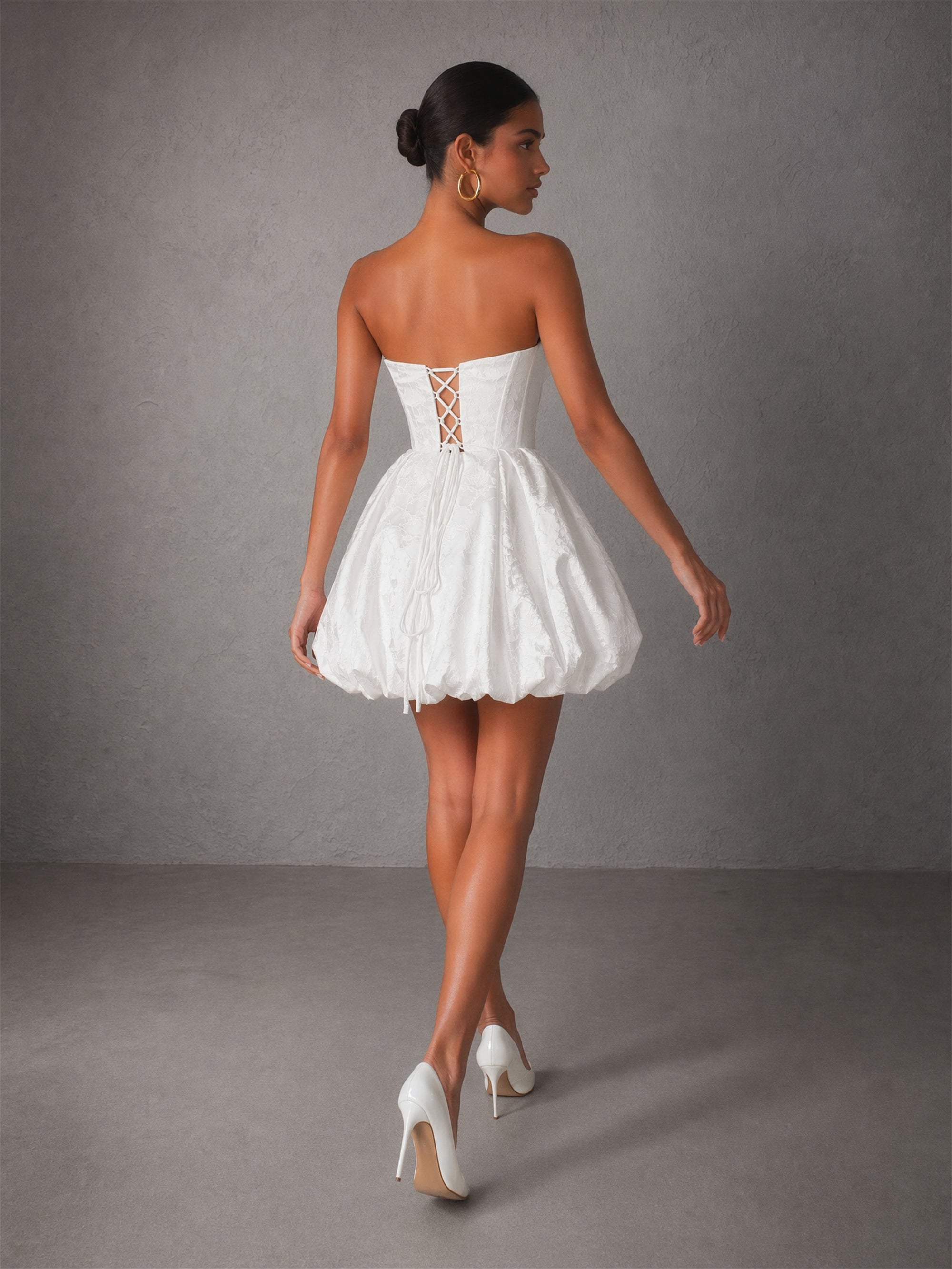 BOLODOO white strapless bubble mini dress - front full body view with white heels