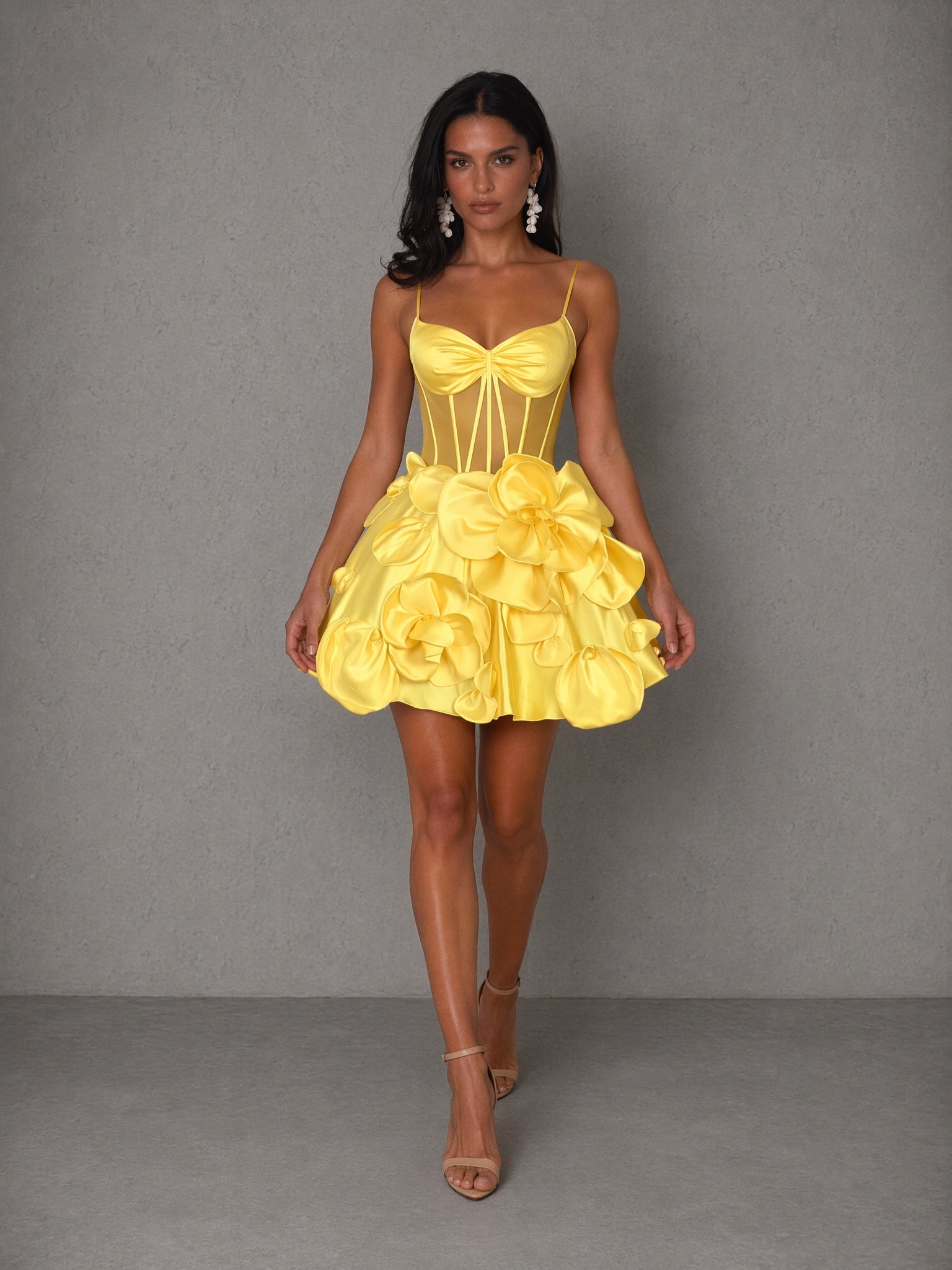 BOLODOO yellow 3D floral satin corset mini dress - front full length walking pose
