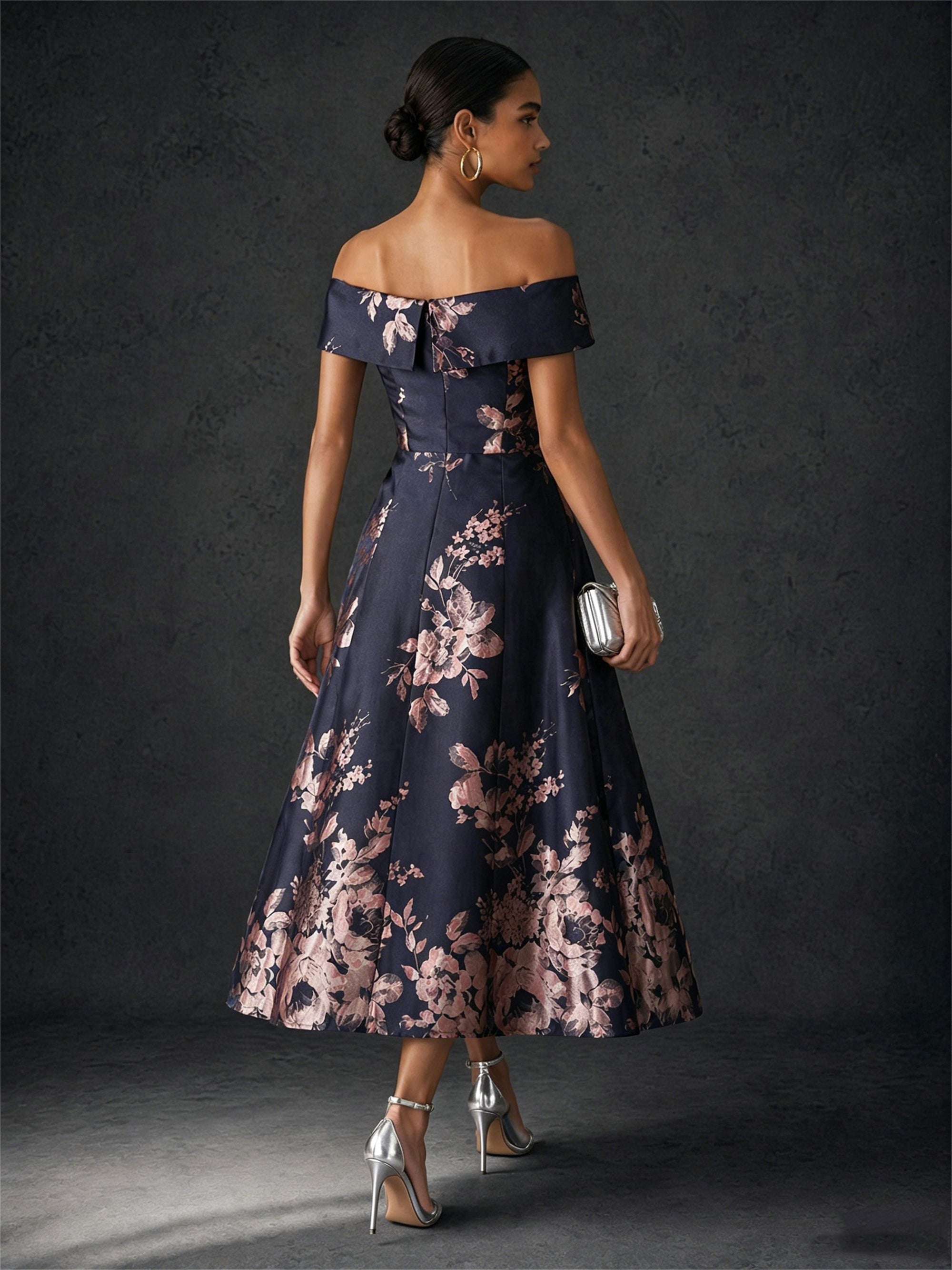 BOLODOO navy blue off-shoulder jacquard floral midi dress - front view showing full A-line silhouette with rose gold floral brocade