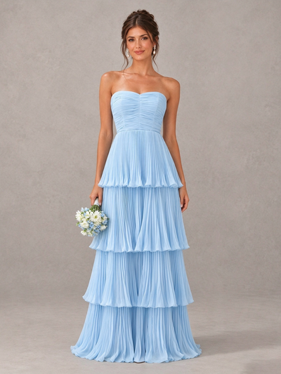 BOLODOO Light Blue Strapless Tiered Pleated Bridesmaid Dress 