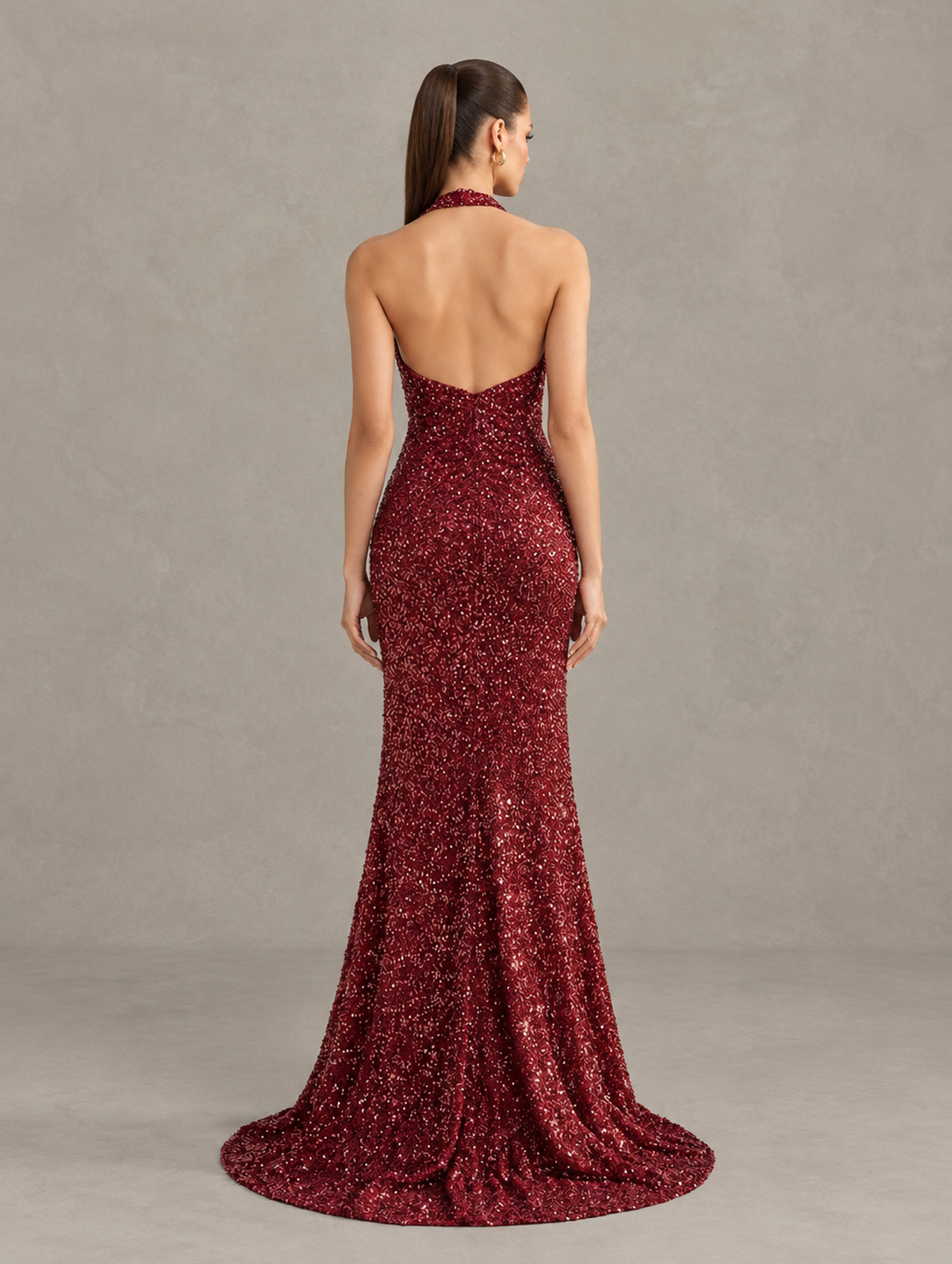 Back view of BOLODOO XCD028 burgundy sparkling evening gown showing low open back and train