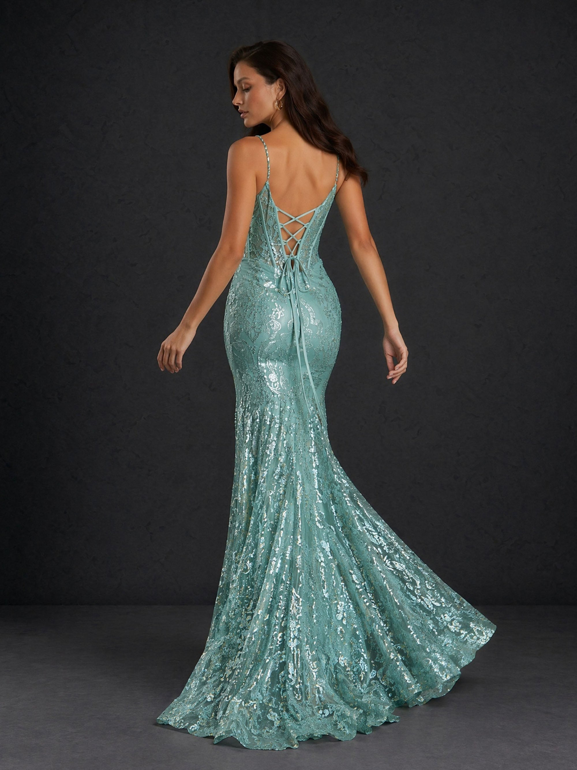 BOLODOO Mint Green Metallic Floral Sequin Spaghetti Strap Sheer Corset Criss-Cross Lace-Up Back Mermaid Maxi Dress - Front Full Length Second Angle View