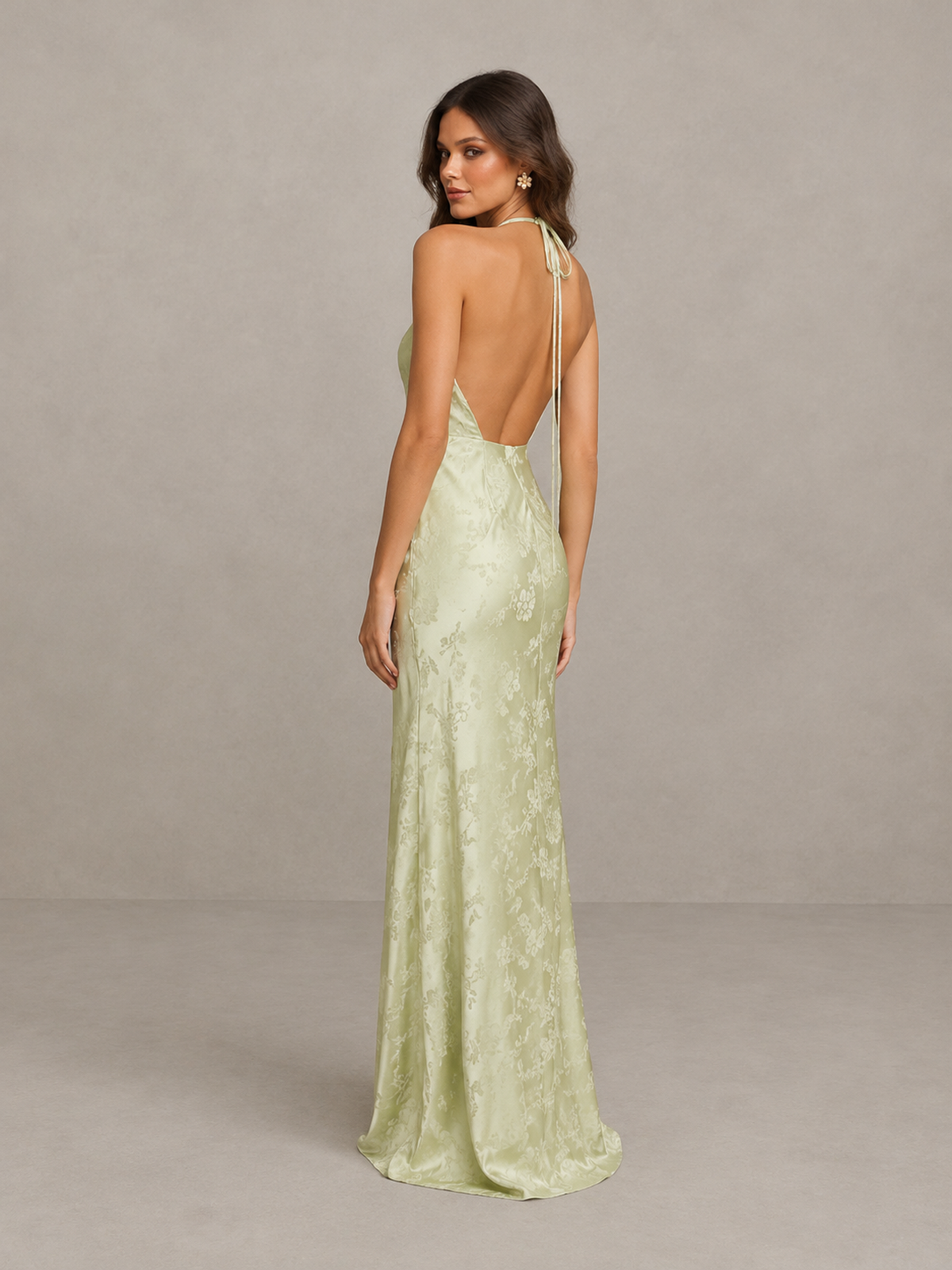 BOLODOO Sage Green Floral Satin Open-Back Bridesmaid Dress 