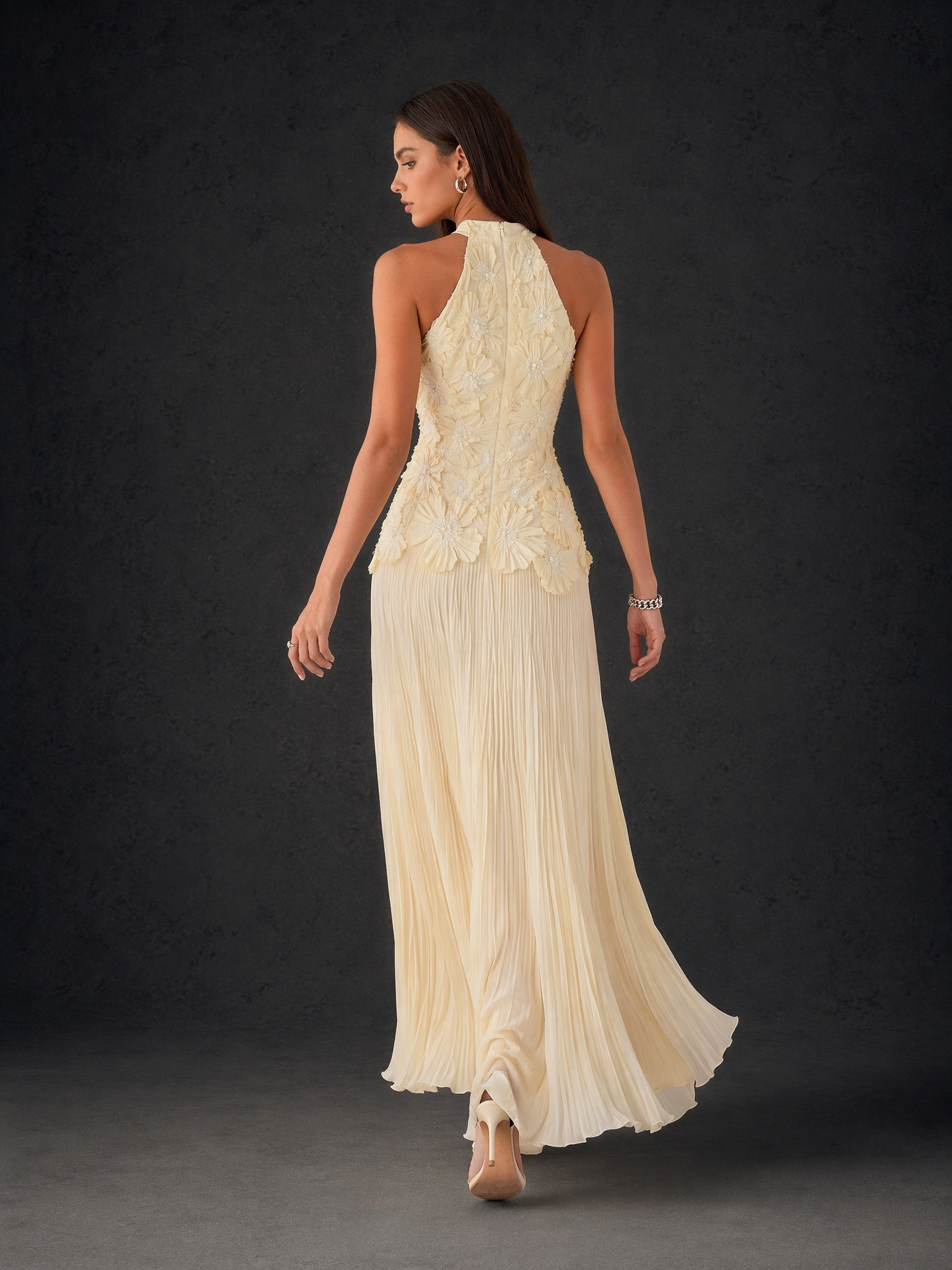 BOLODOO cream ivory 3D floral halter neck pleated chiffon backless maxi dress - back view showing open back