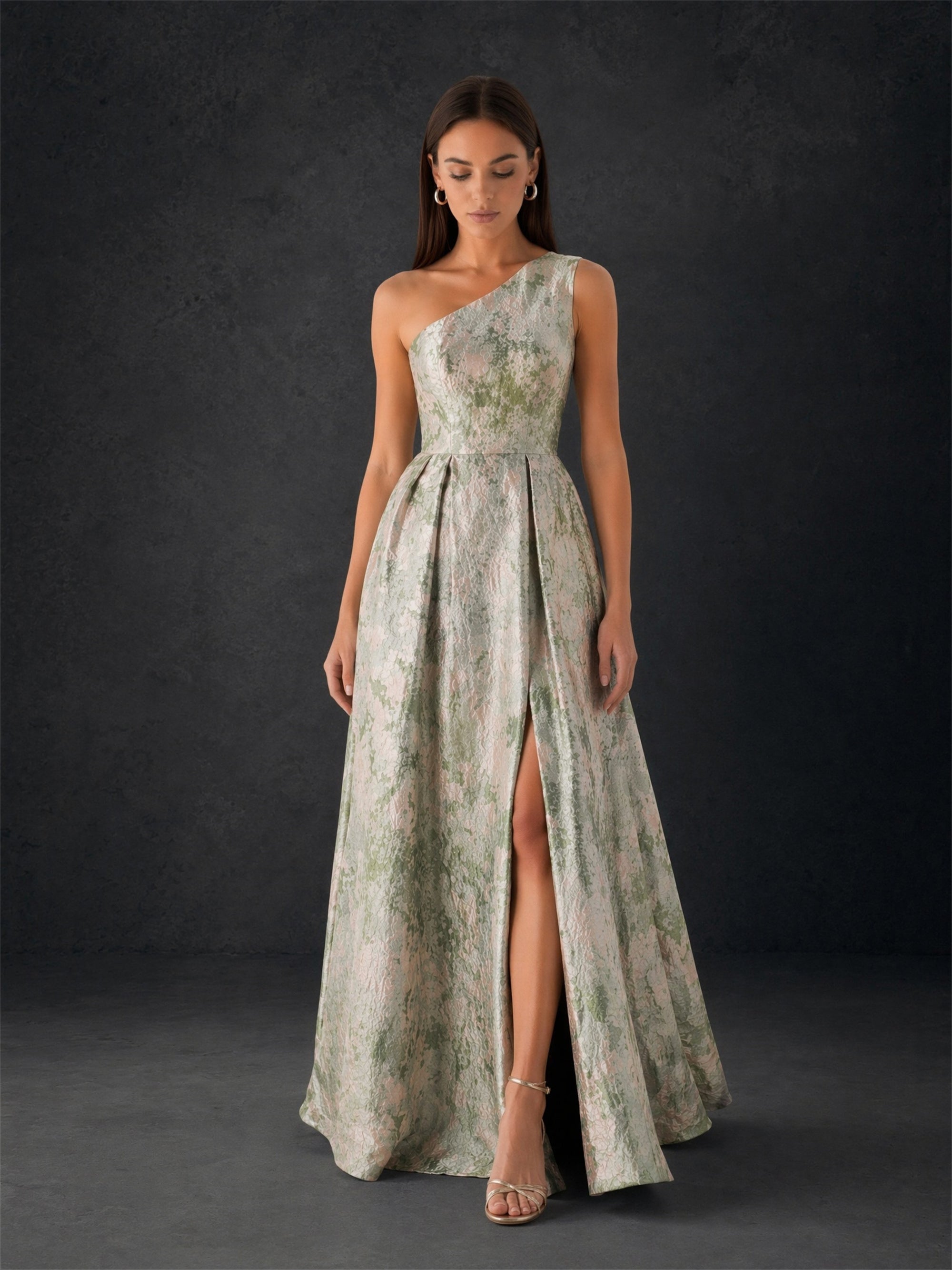 BOLODOO sage green metallic floral jacquard one-shoulder gown - back view showing covered back and voluminous floor-length A-line skirt