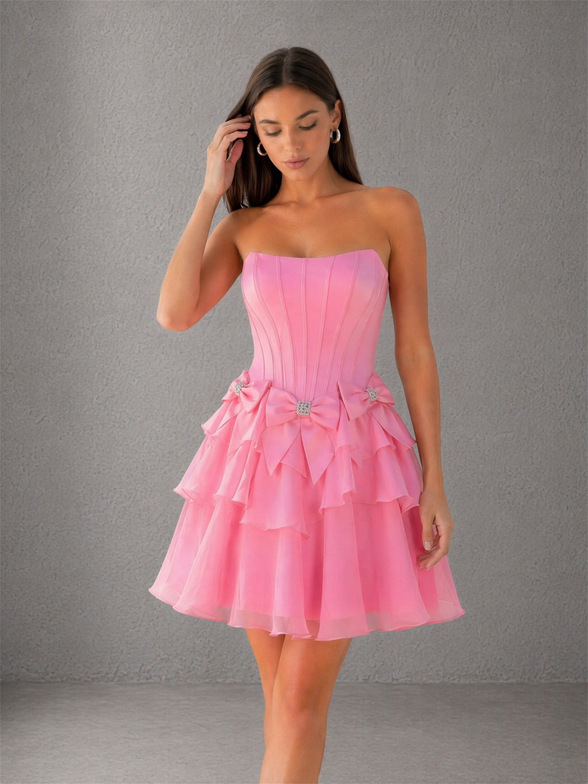 BOLODOO hot pink organza tiered ruffle mini dress - three-quarter front view showing full A-line silhouette