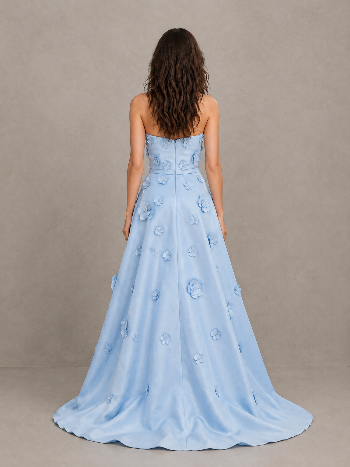BOLODOO Light Blue Strapless 3D Floral Applique Prom Gown with Draped Skirt 