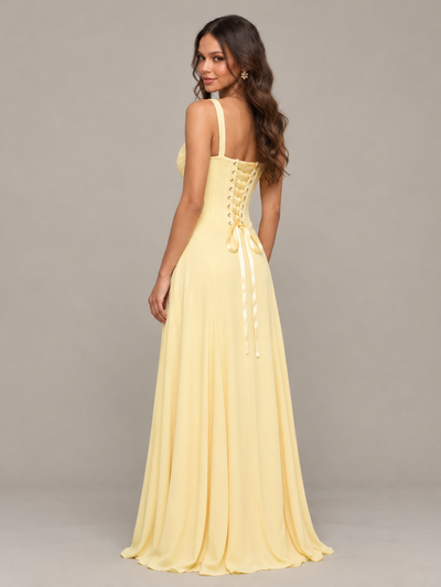 BOLODOO Light Yellow Sweetheart Lace-Up Back Bridesmaid Dress 