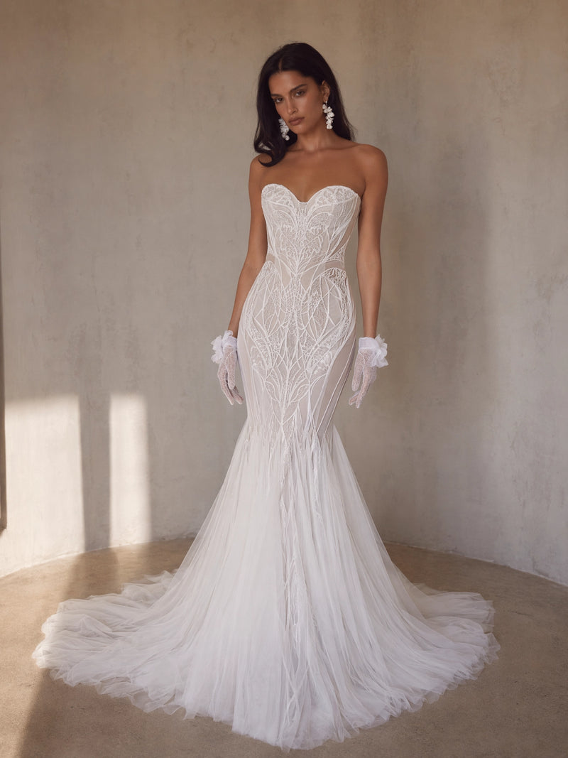 BOLODOO Ivory Strapless Sweetheart All-Over Branch Embroidered Tulle Mermaid Wedding Gown - full front view with train
