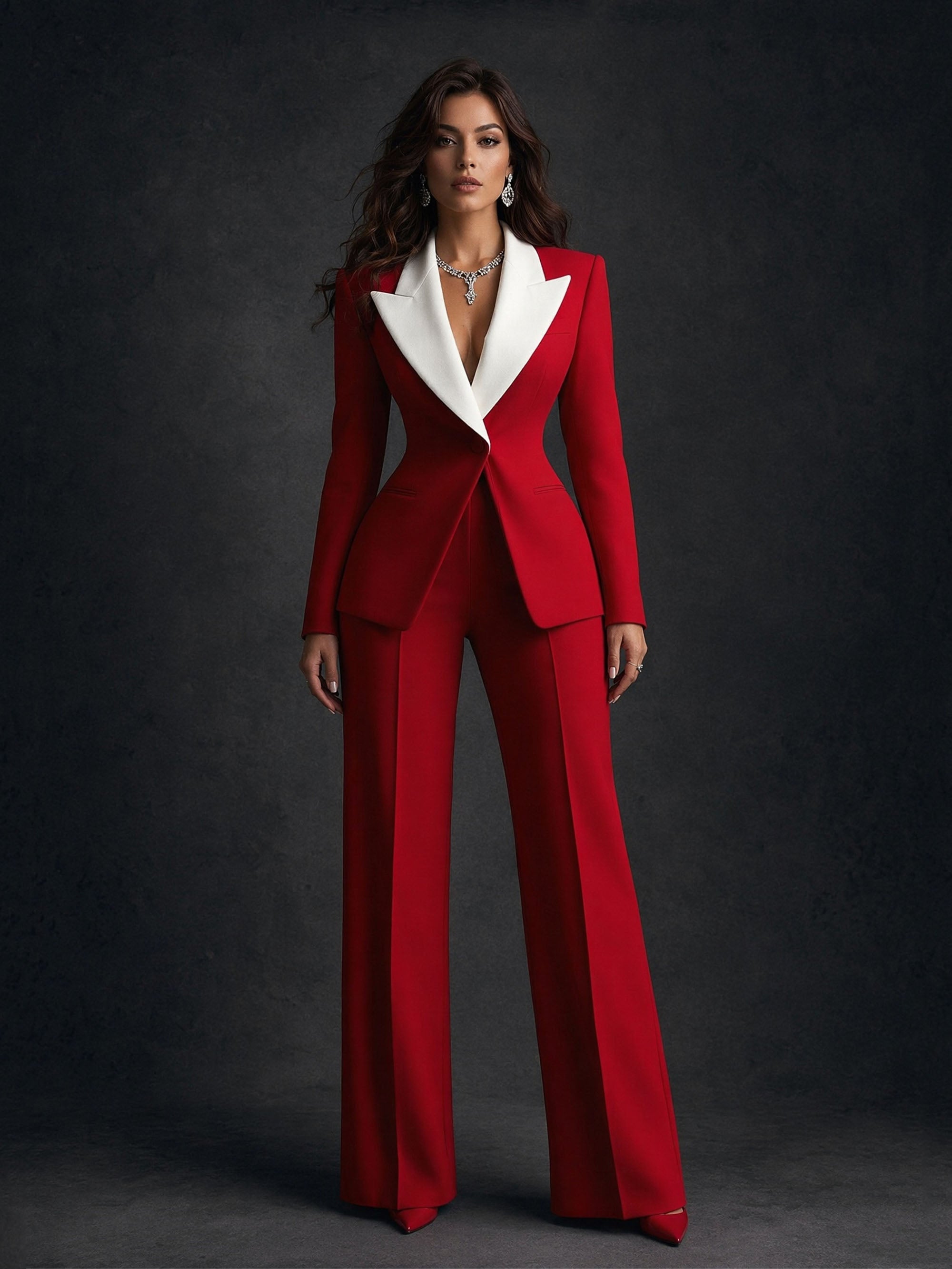 BOLODOO Red White Colorblock Peak Lapel Fitted Blazer Flare Pants Suit - Front Full Length Standing View