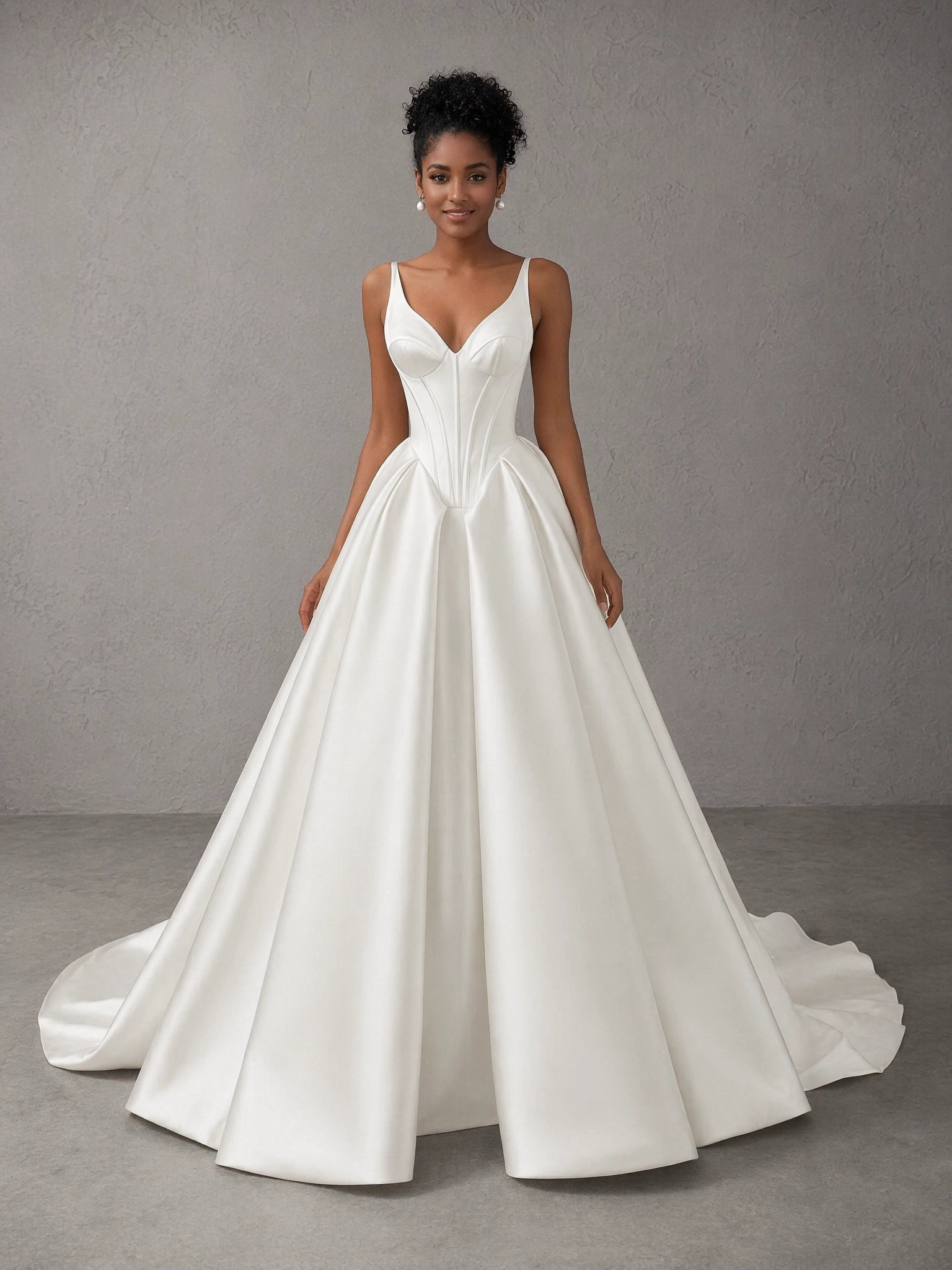 BOLODOO White Spaghetti Strap V-Neck Corset Ballgown Wedding Dress with Train and Slit