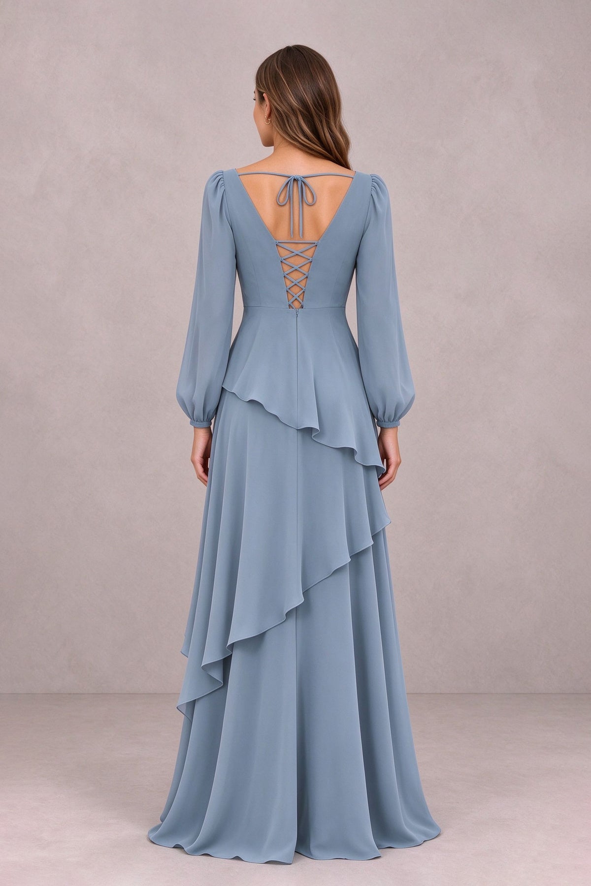BOLODOO FQ0067 dusty blue square-neck long sleeve ruffle gown, front full-length view