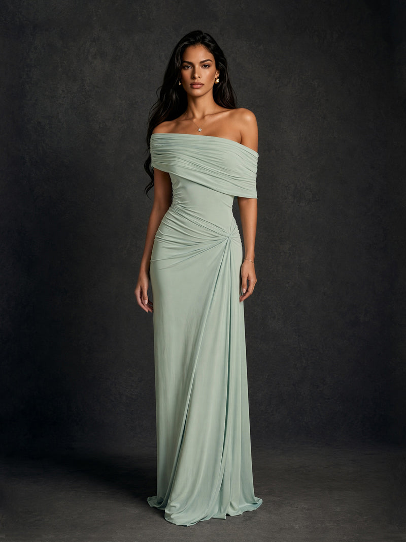 BOLODOO sage green off-shoulder ruched maxi dress - full length front view