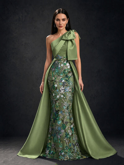 BOLODOO Olive Green One-Shoulder Bow Sequin Mermaid Dress – Front View Full Length