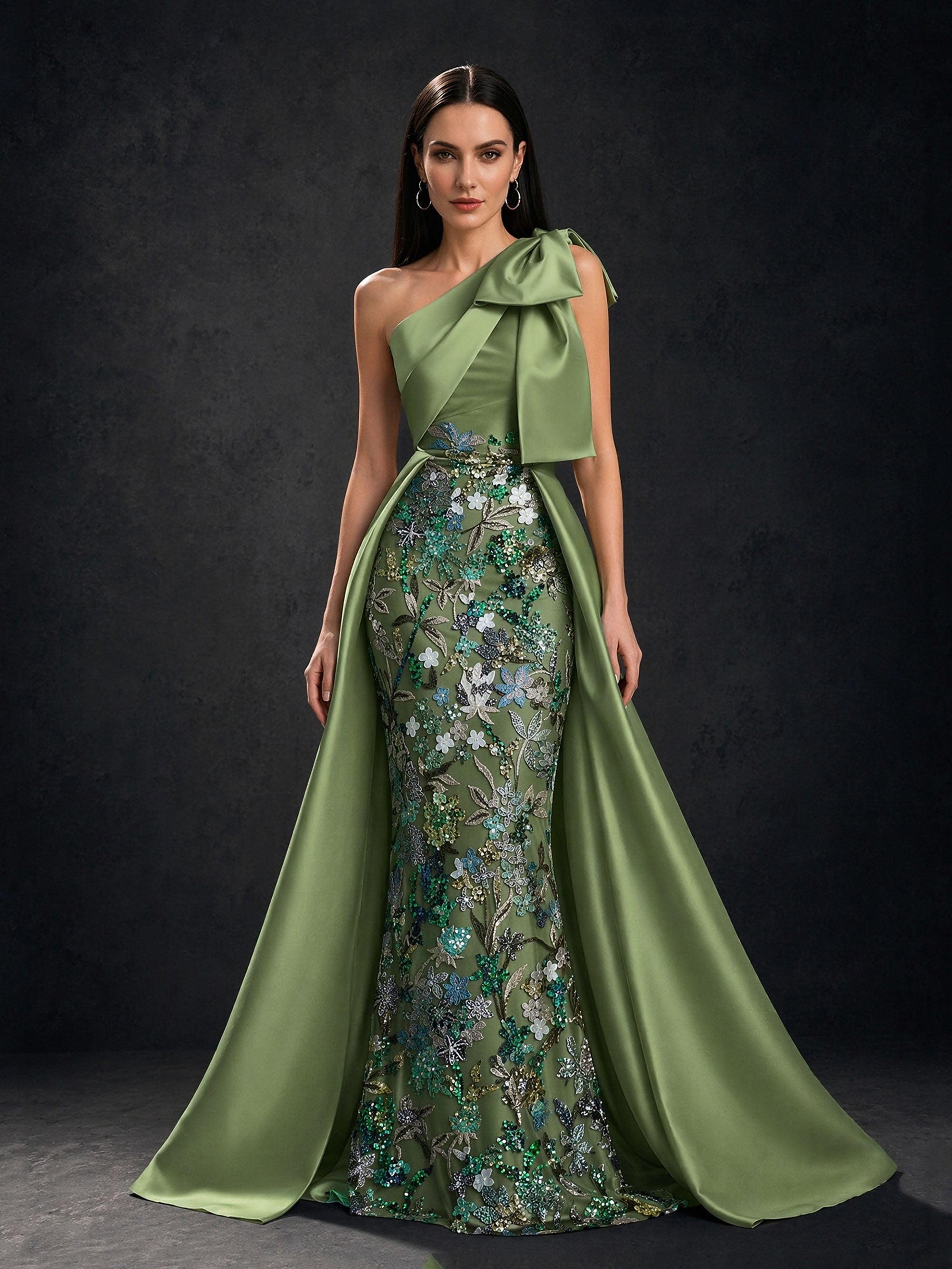 BOLODOO Olive Green One-Shoulder Bow Sequin Mermaid Dress – Front View Full Length