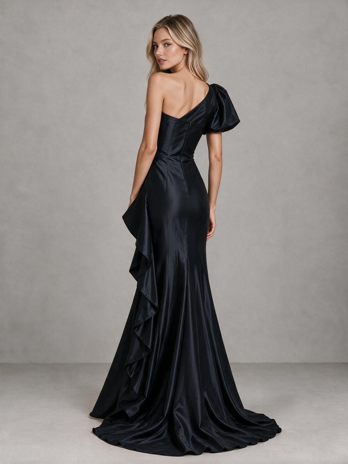 BOLODOO Black One-Shoulder Satin-Look Mermaid Evening Dress with Ruffles 