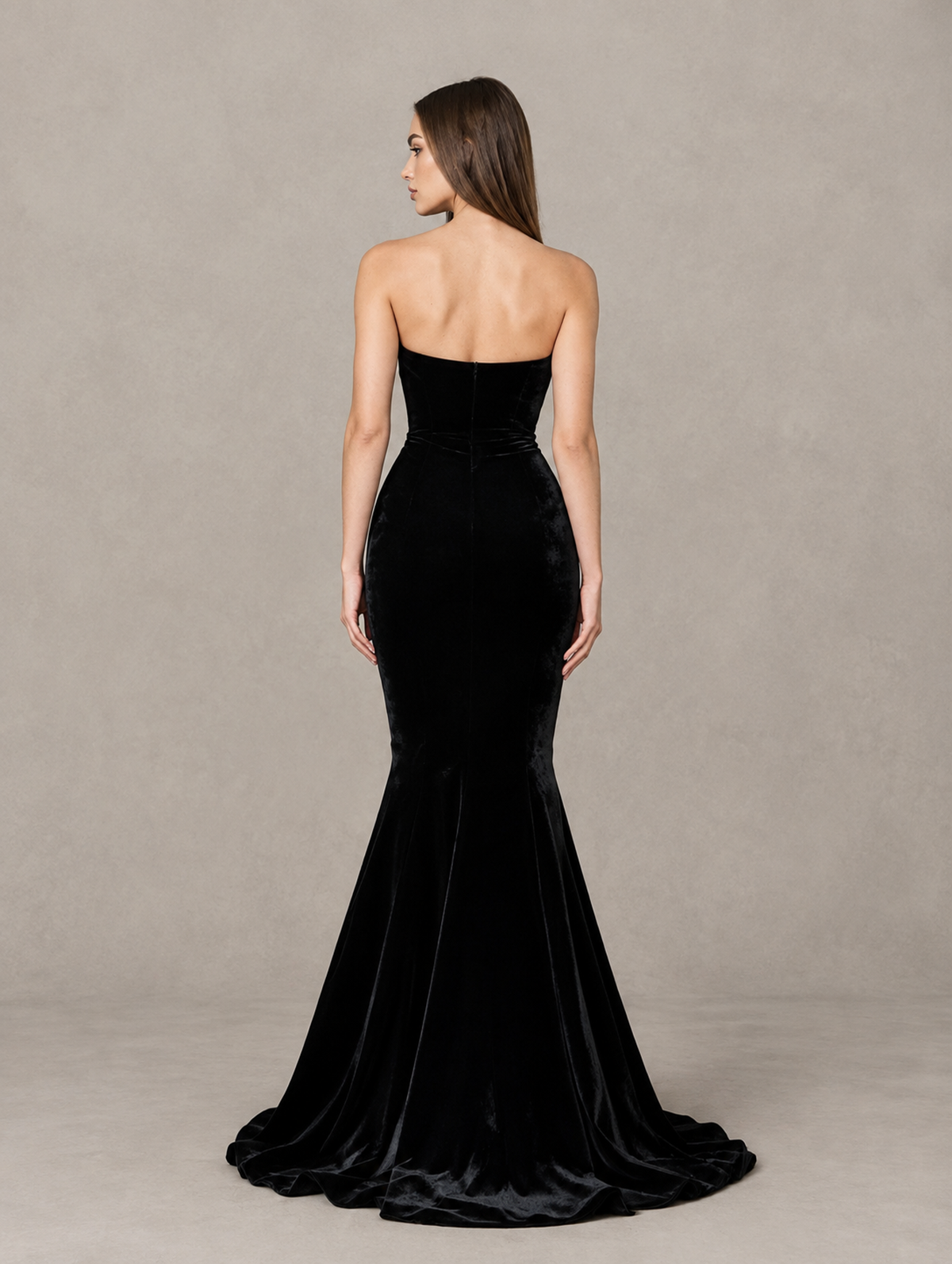 BOLODOO Black Strapless Sweetheart Velvet-Look Mermaid Evening Dress 
