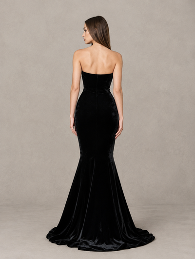 BOLODOO Black Strapless Sweetheart Velvet-Look Mermaid Evening Dress 