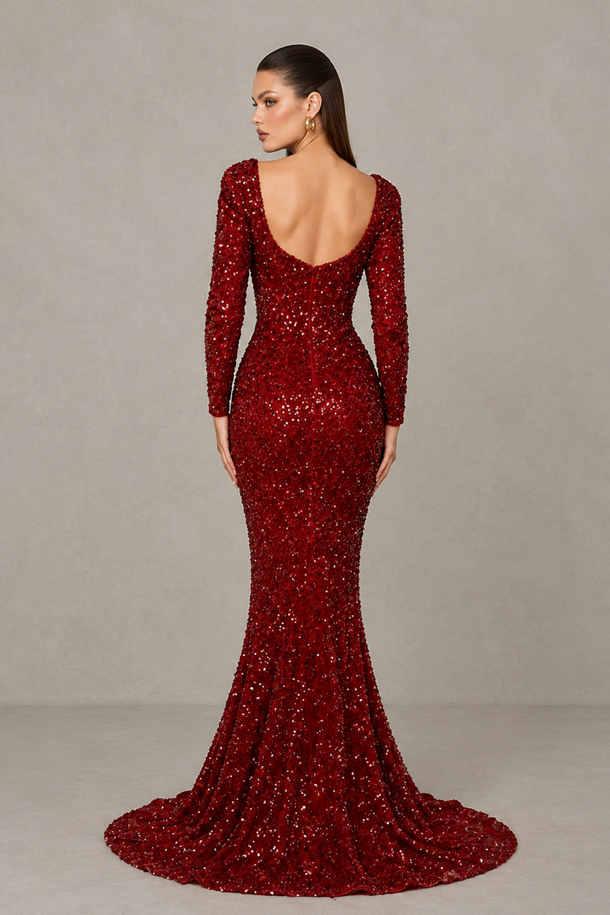 BOLODOO burgundy sequin mermaid gown, back view showing low scoop back and sweeping train