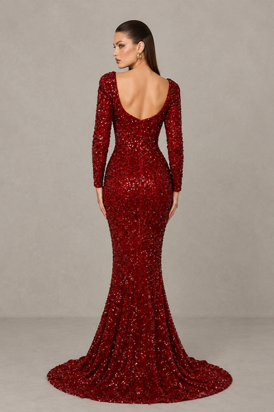 BOLODOO burgundy sequin mermaid gown, back view showing low scoop back and sweeping train