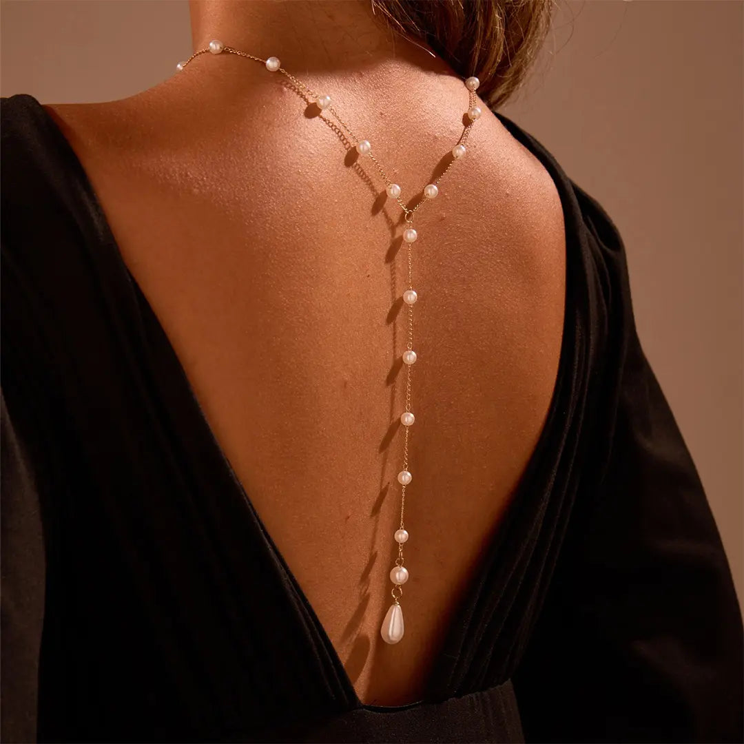 BOLODOO Gold-Tone Pearl Back Drop Necklace | Scattered Pearl Back Chain for Open-Back Wedding & Evening Dresses 
