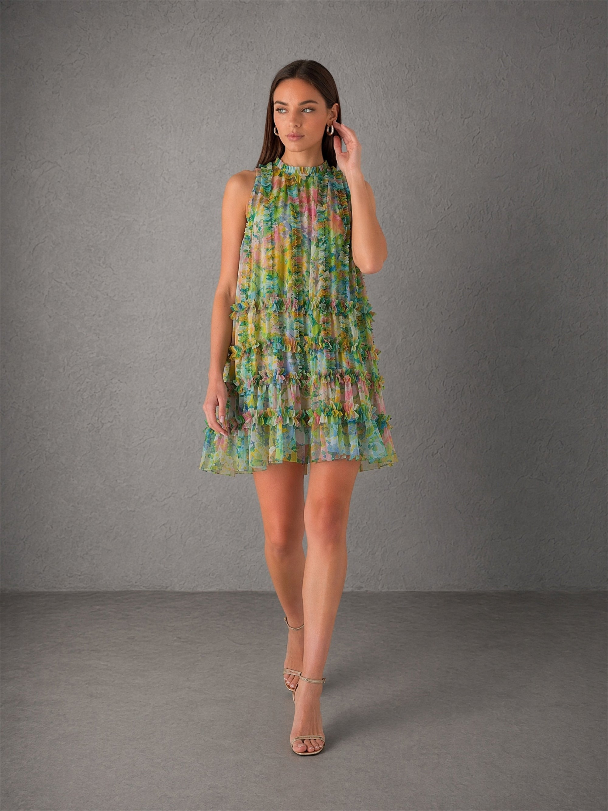 BOLODOO green floral chiffon ruffle mini dress - front close-up view showing mock neck ruffle trim and layered ruffle detail