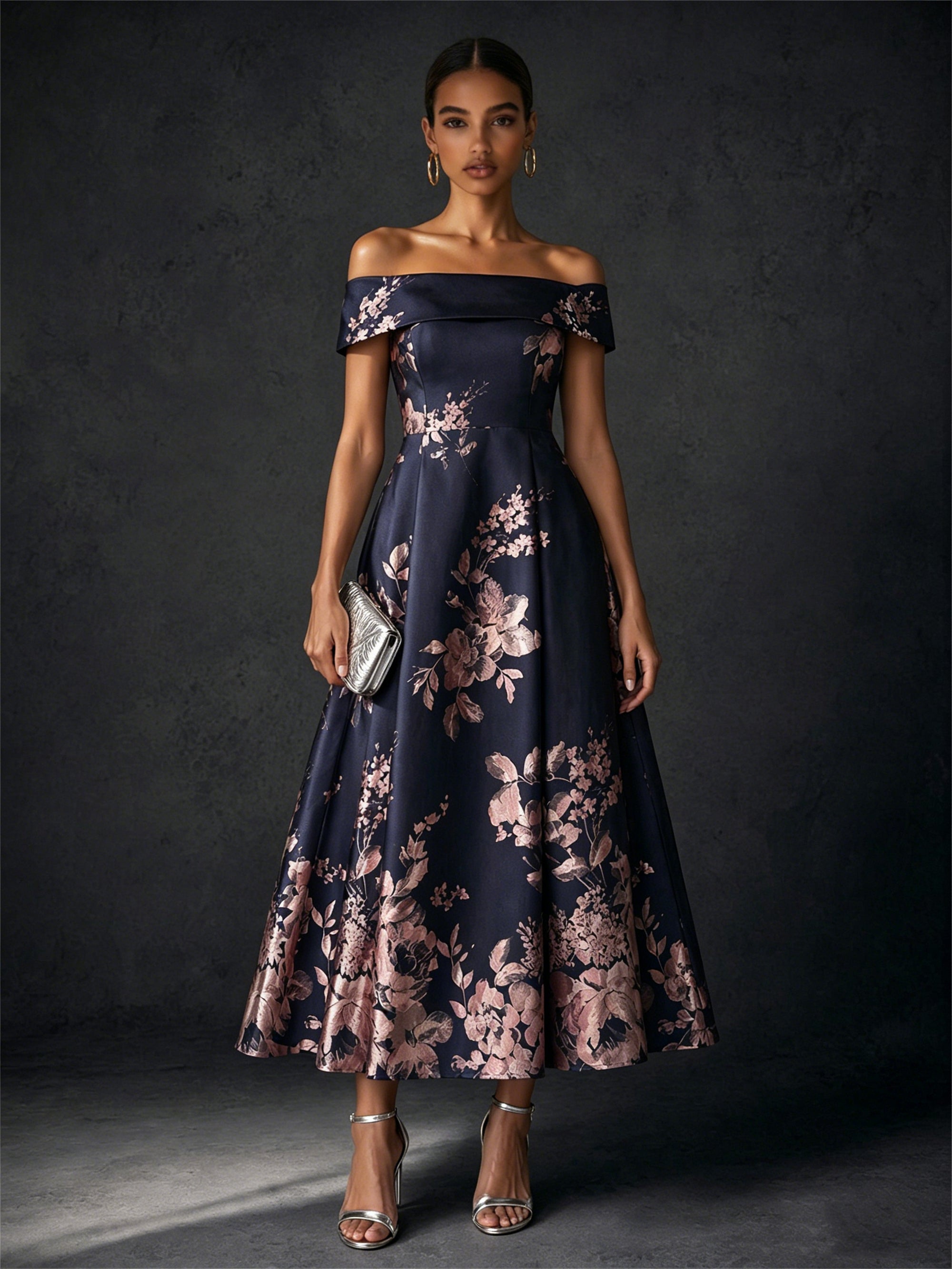 BOLODOO navy off-shoulder jacquard midi dress - back view showing concealed zipper closure and full A-line brocade skirt