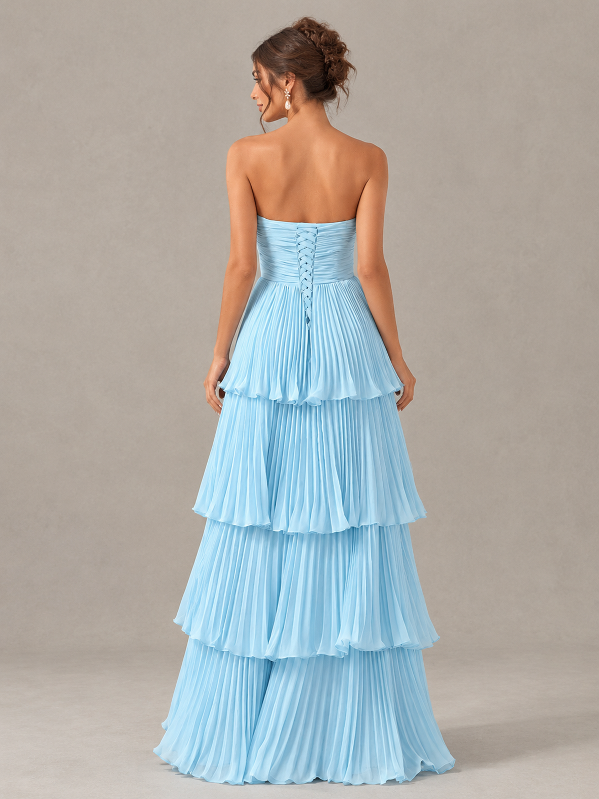BOLODOO Light Blue Strapless Tiered Pleated Bridesmaid Dress 