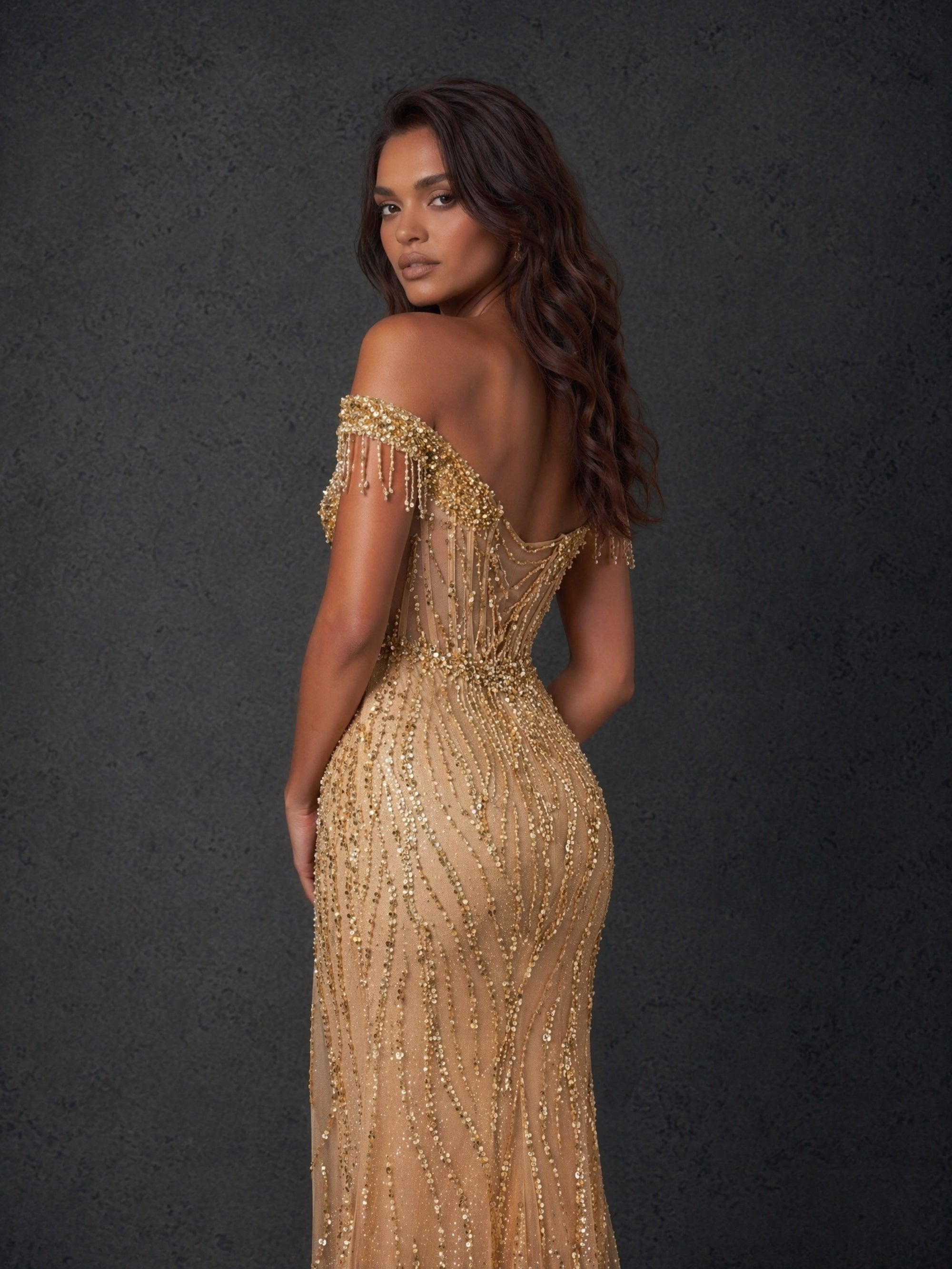 BOLODOO Champagne Gold Wave Sequin Off-Shoulder Beaded Fringe Sheer Corset Lace-Up Back High Slit Mermaid Maxi Dress - Front Full Length Standing View Showing Sheer Corset Bodice and High Slit
