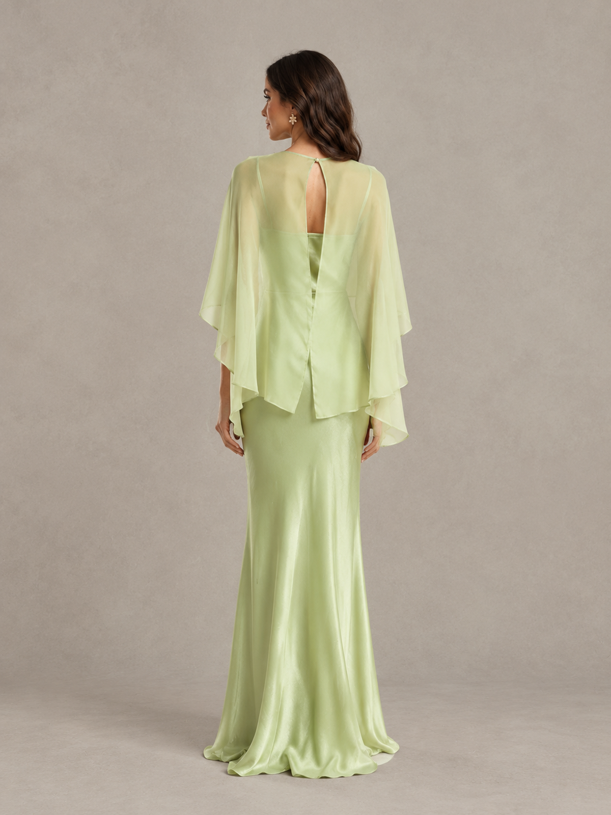BOLODOO Sage Green Satin Mermaid Bridesmaid Dress with Chiffon Cape 