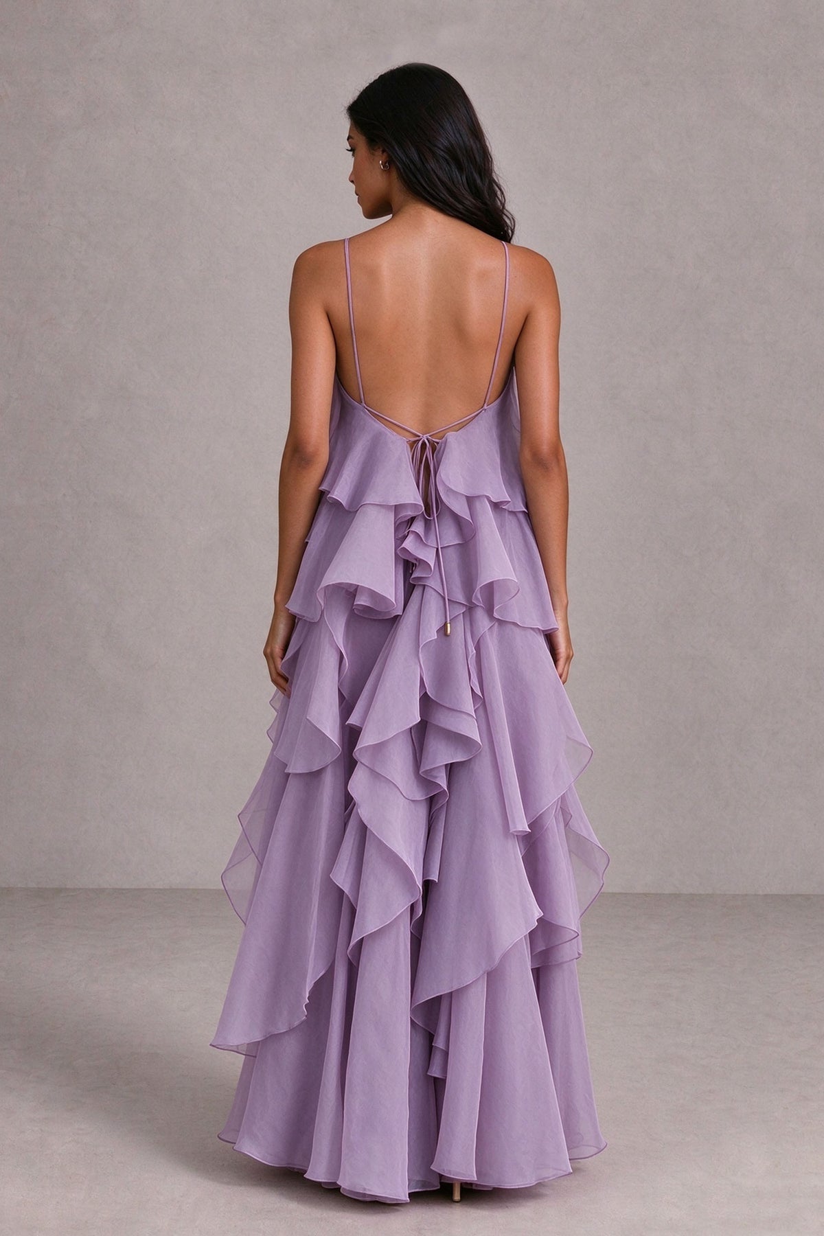 BOLODOO lilac ruffle maxi dress, rear view showing low open back with delicate tie detailing