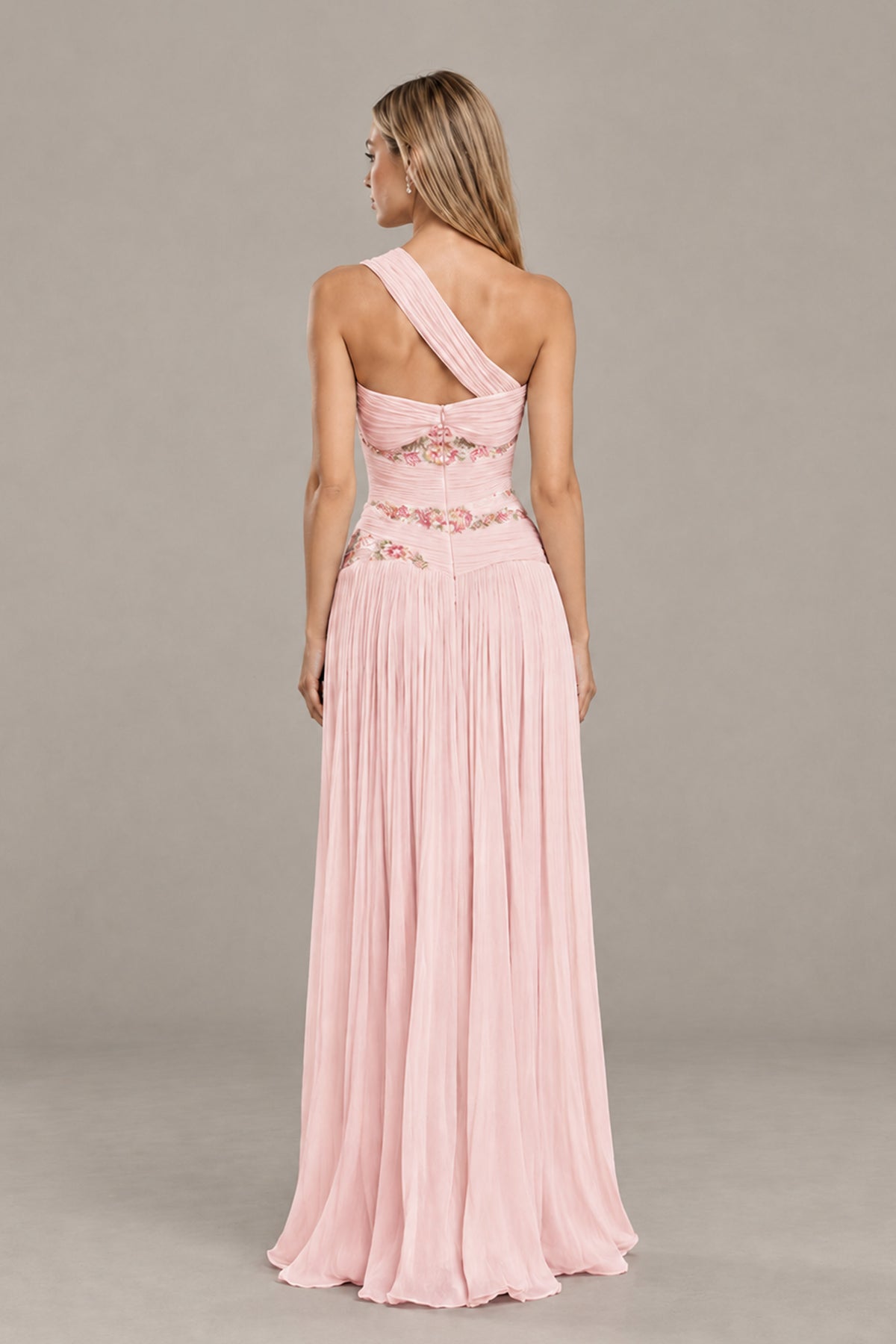 BOLODOO XX082 blush pink formal dress showing exposed upper back, diagonal strap and back zipper