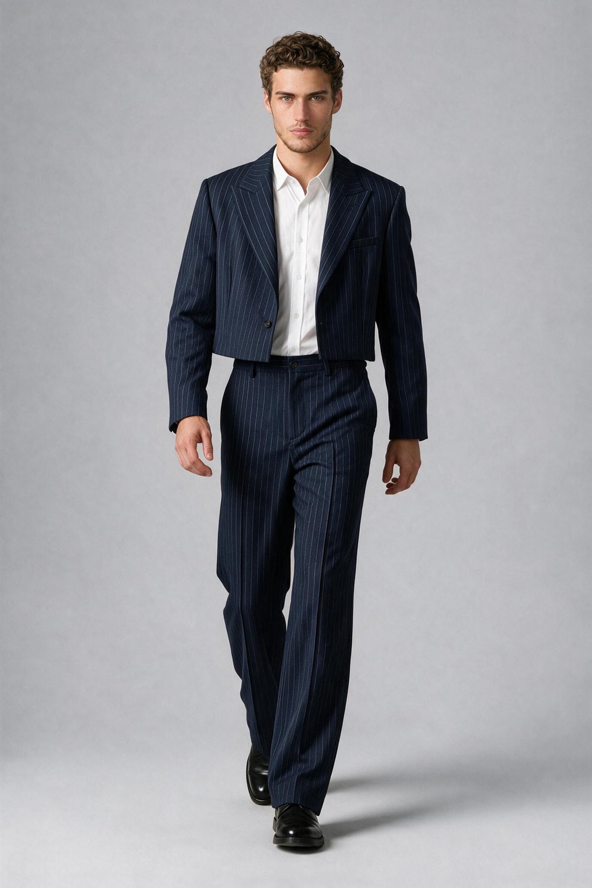 Bolodoo FQ1021 men's navy pinstripe cropped blazer and wide-leg trouser suit, full-length front view