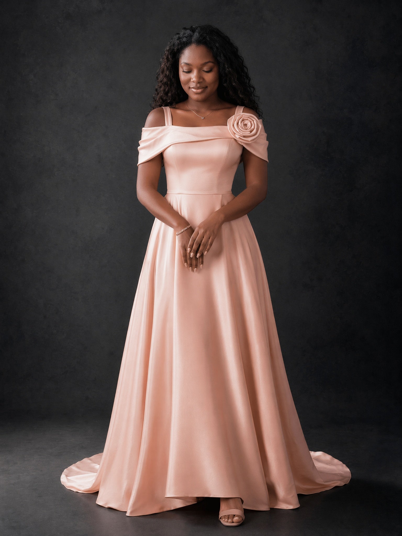 BOLODOO blush pink off-shoulder satin maxi dress with 3D rose - front full length looking down pose