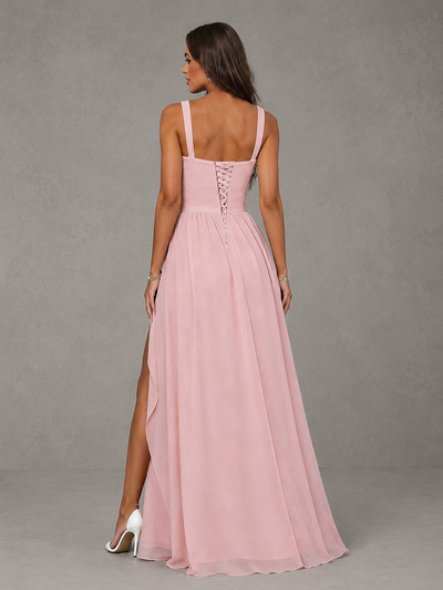 BOLODOO Blush Pink A-Line Bridesmaid Dress with High Slit & Lace-Up Back 